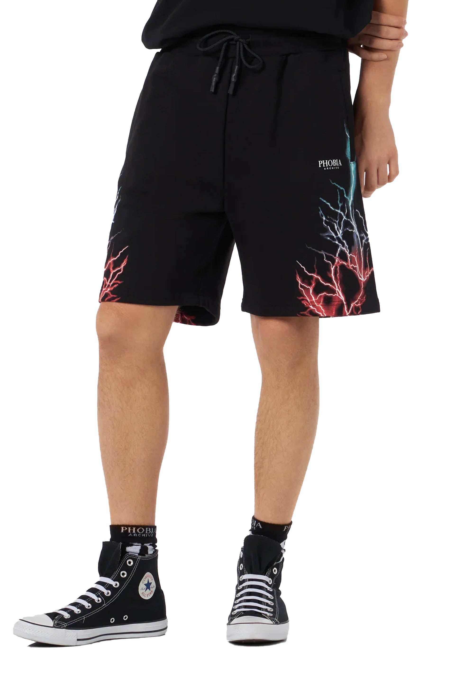 Black Shorts With Bicolor Lightning Print