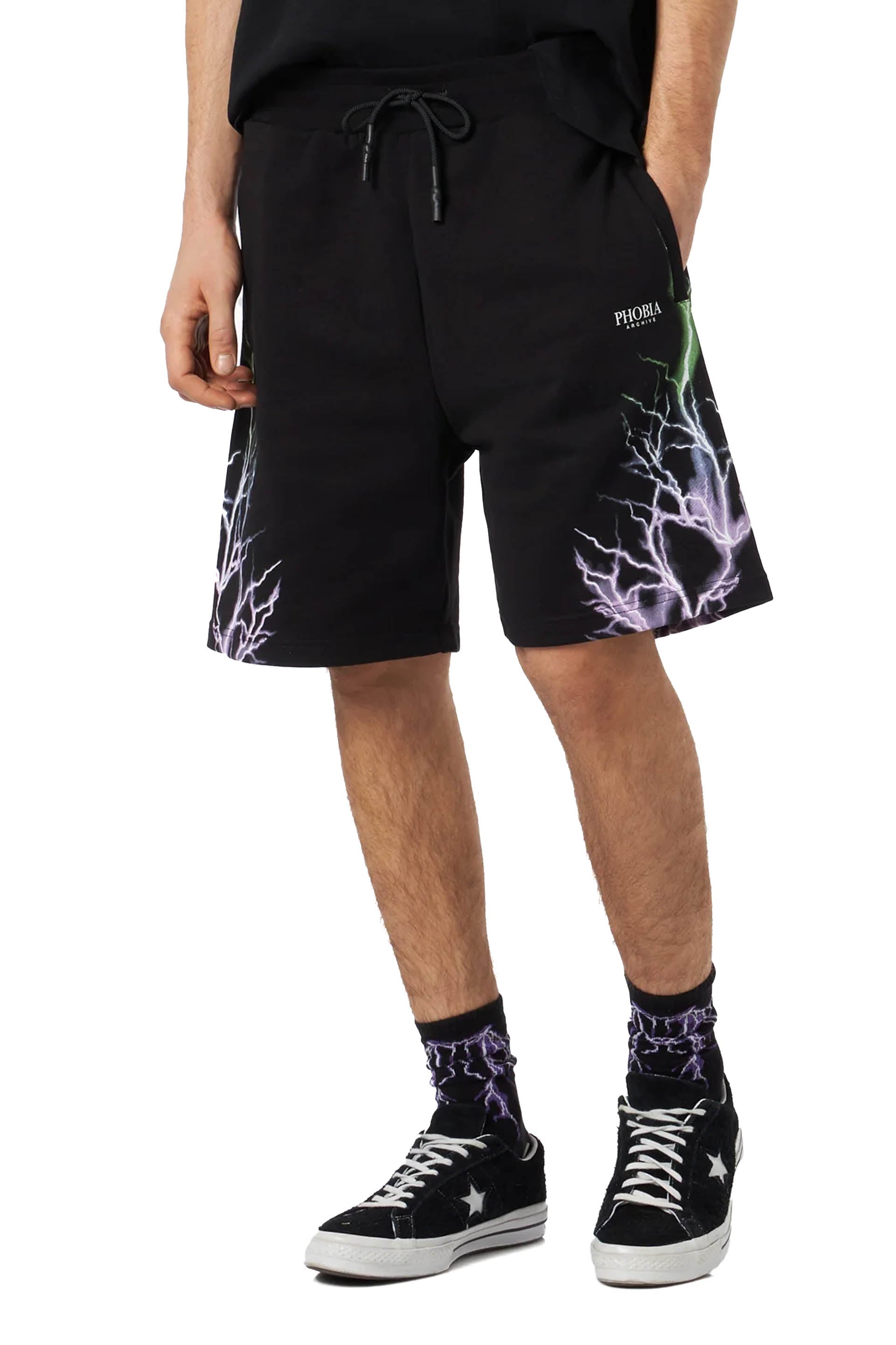 Black Shorts With Bicolor Lightning Print