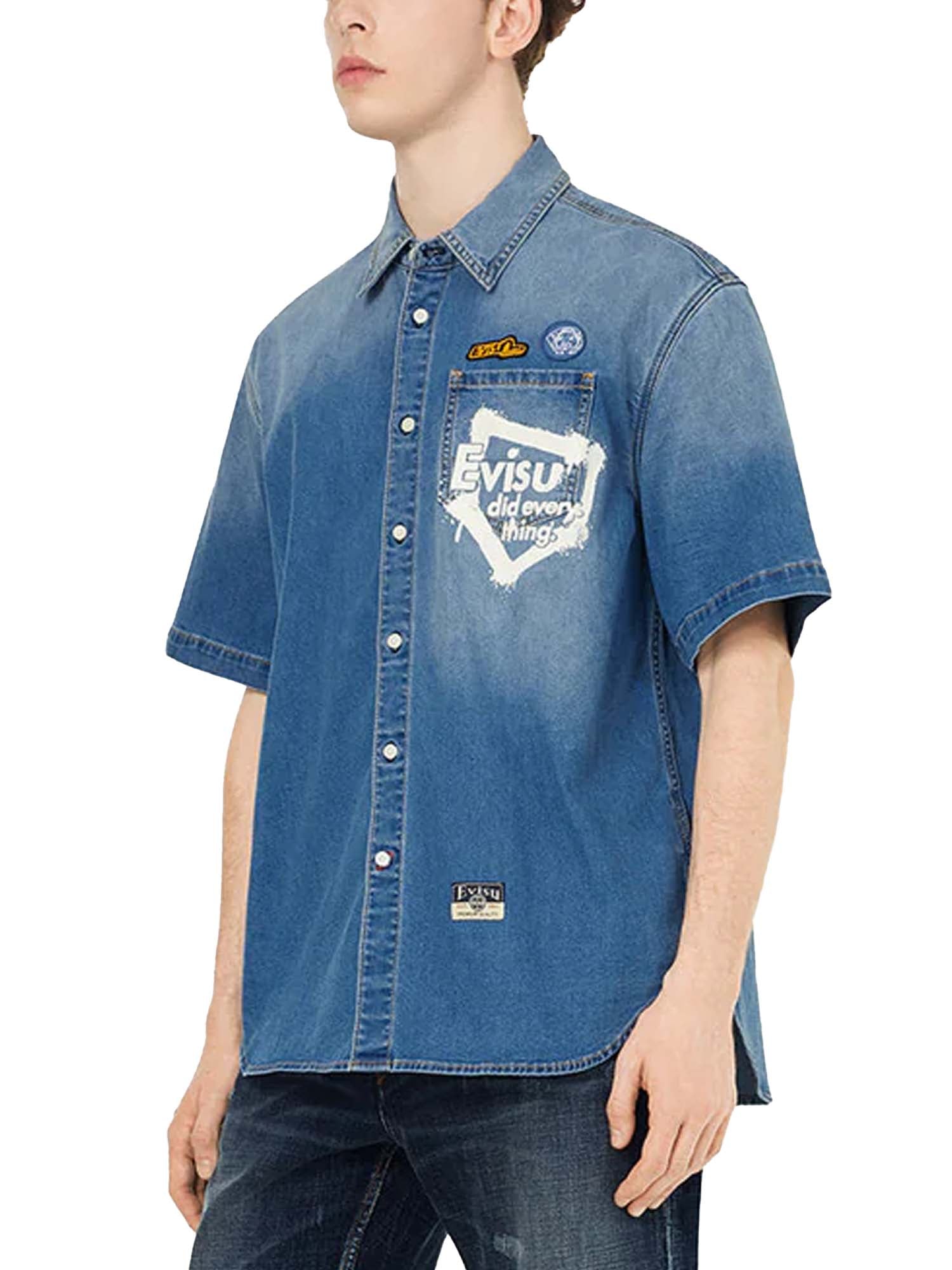 Evisu Camicia a maniche corte Graffiti Daicock Print Relax Fit Denim Blu