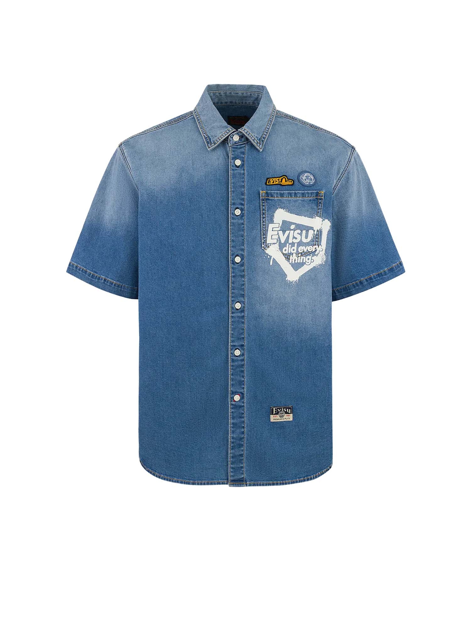 Evisu Camicia a maniche corte Graffiti Daicock Print Relax Fit Denim Blu