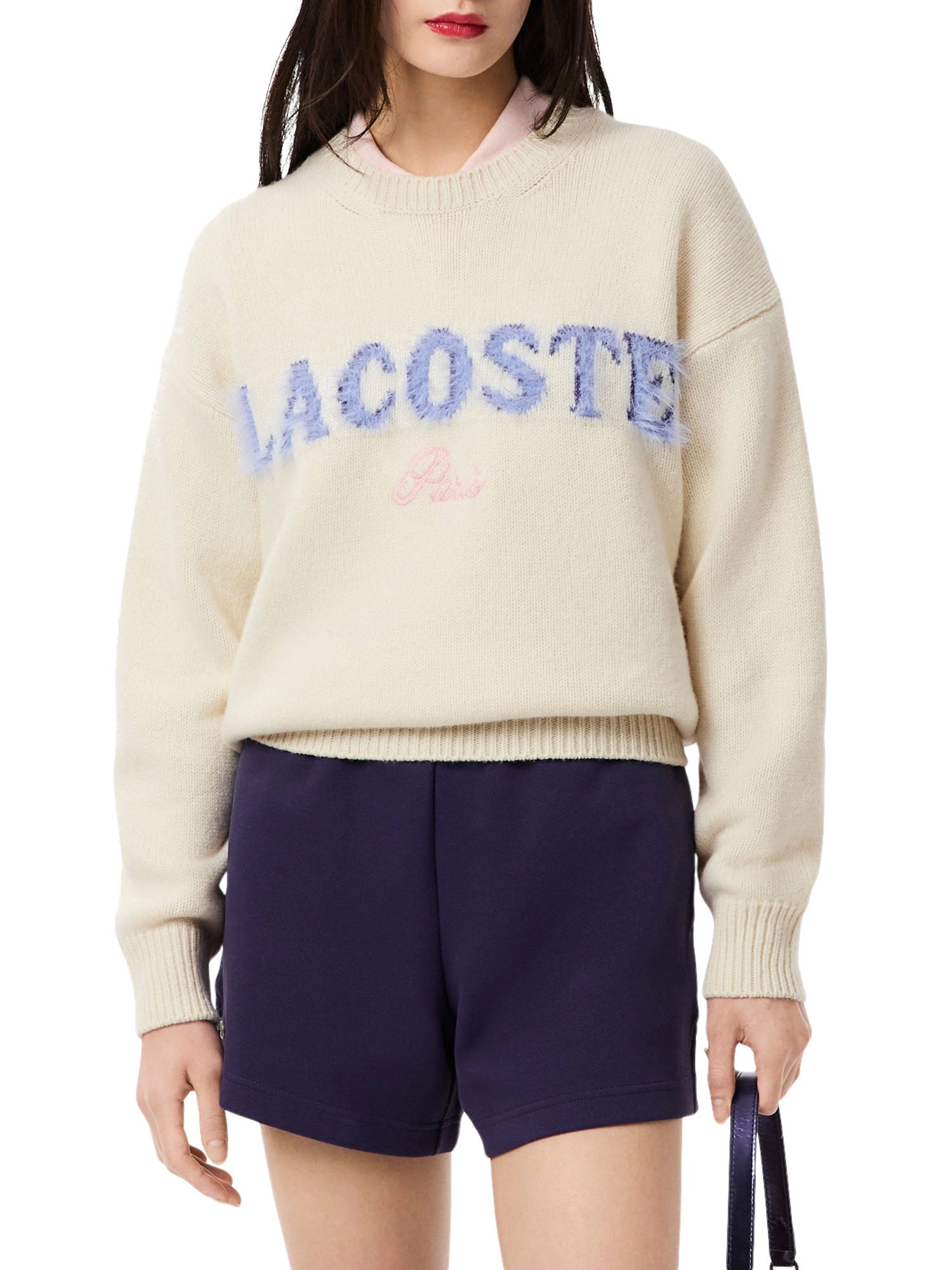 Lacoste Maglione in Lana Cardata Donna Bianco