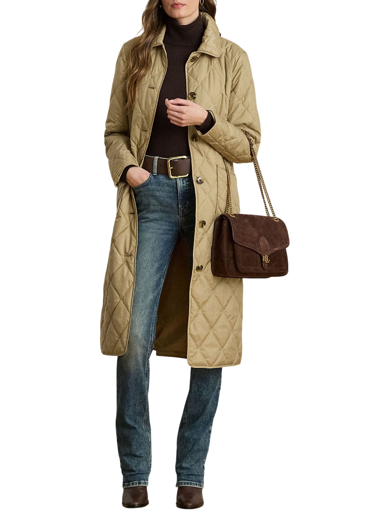 Ralph Lauren Logo Quilted Down Cappotto Lungo Beige