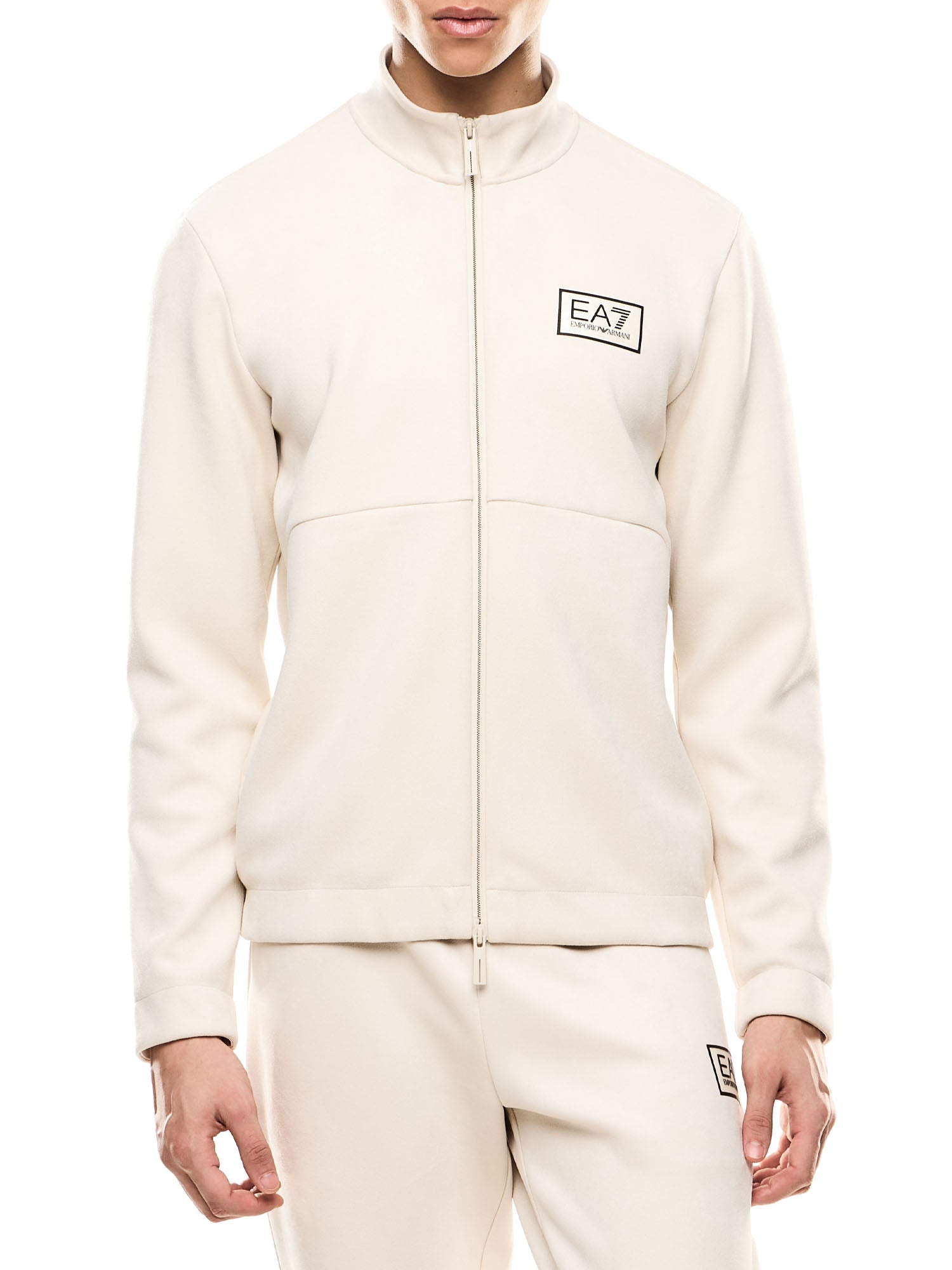 Ea7 Felpa Zip Gold Label Effetto Scamosciato Bianco