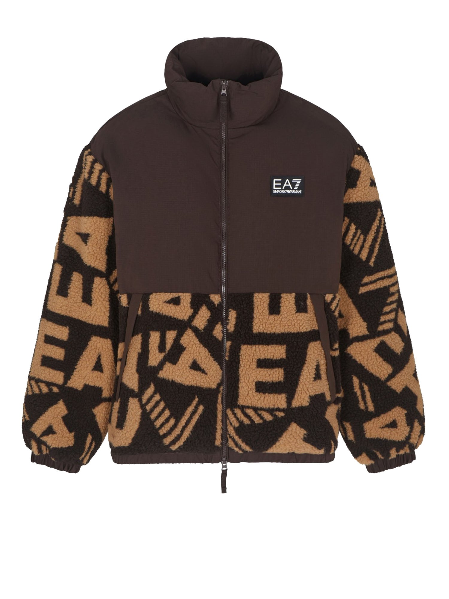 Ea7 Giacca Imbottita Tessuto Teddy Monogramma Marrone