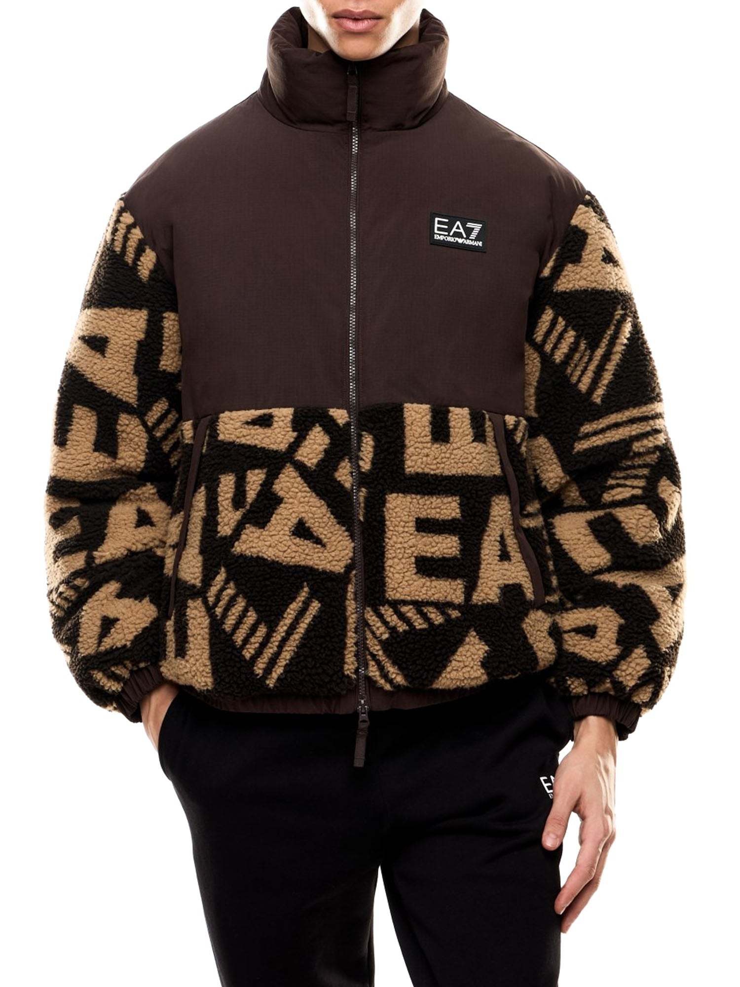 Ea7 Giacca Imbottita Tessuto Teddy Monogramma Marrone
