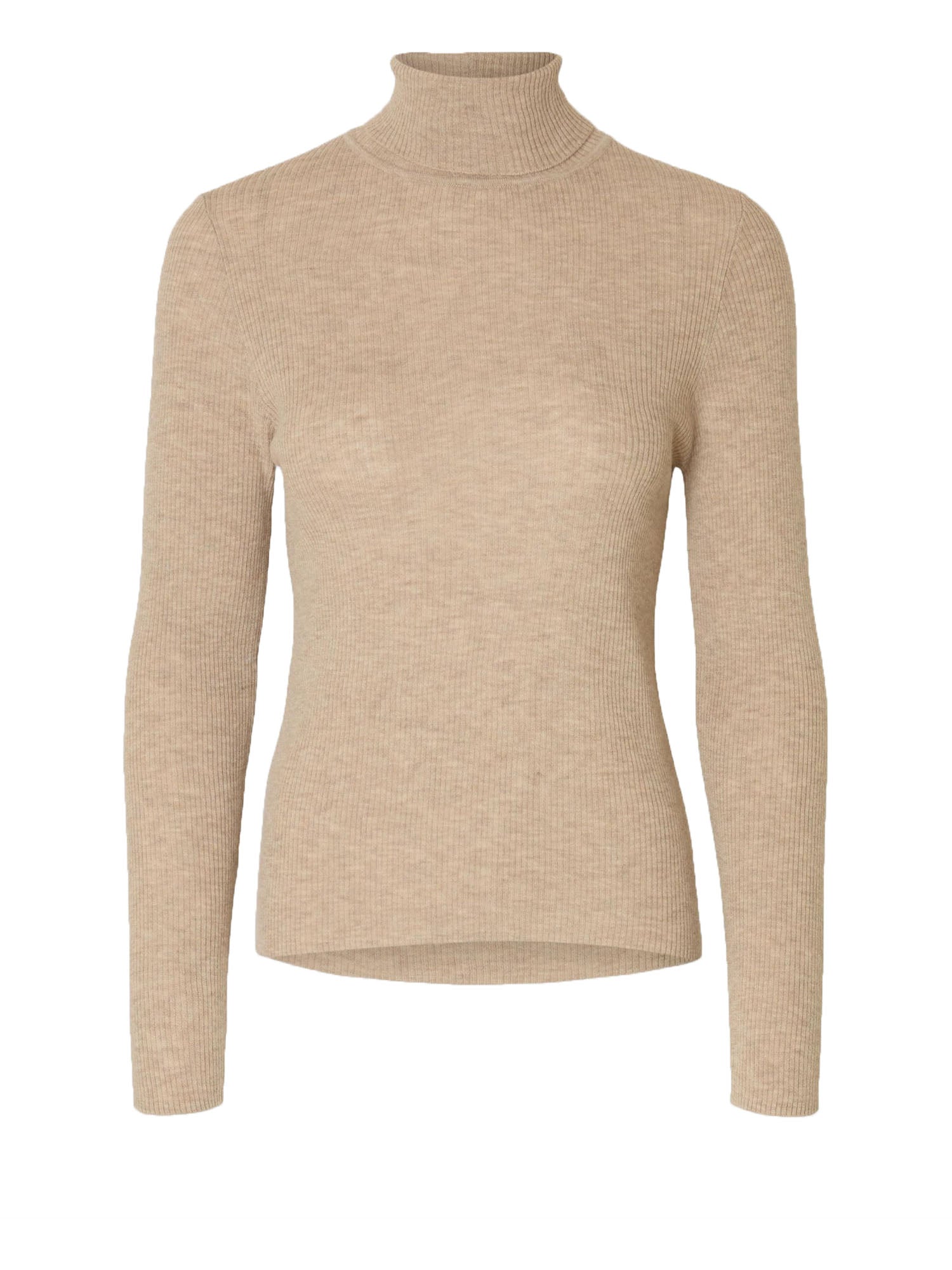 Selected Slfingrid Ls Knit Wool Blend Roll Neck Beige
