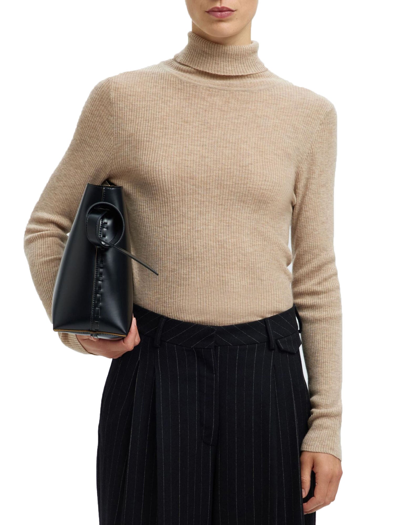 Selected Slfingrid Ls Knit Wool Blend Roll Neck Beige