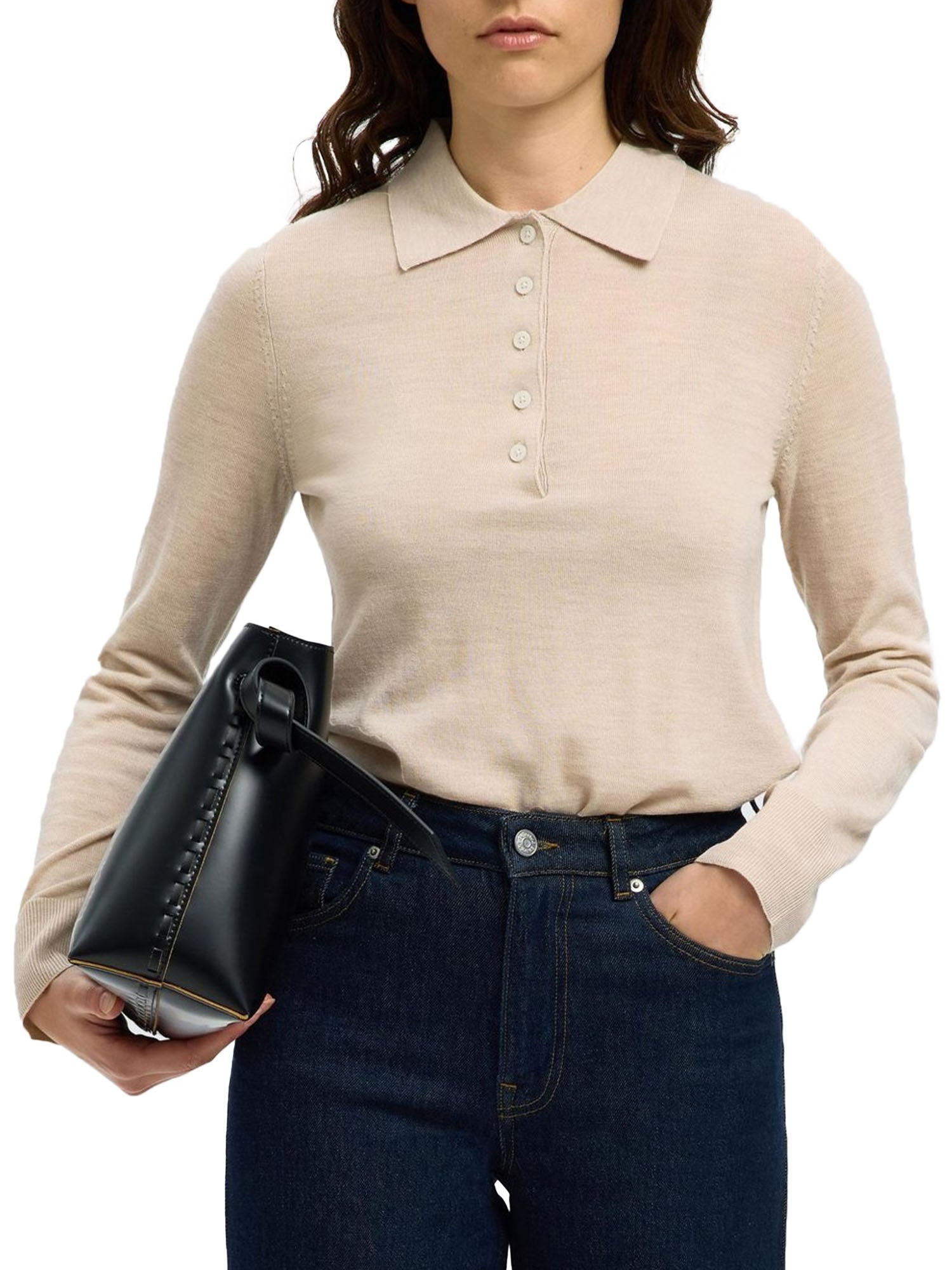 Selected Slfthea Ls Knit Merino Collar Neck Beige