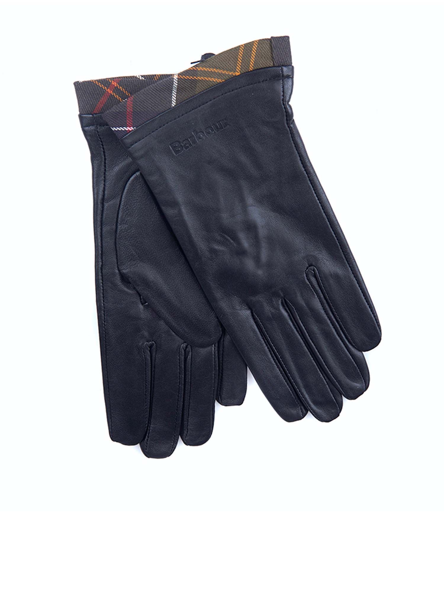 Barbour Guanti in pelle con bordatura tartan Nero