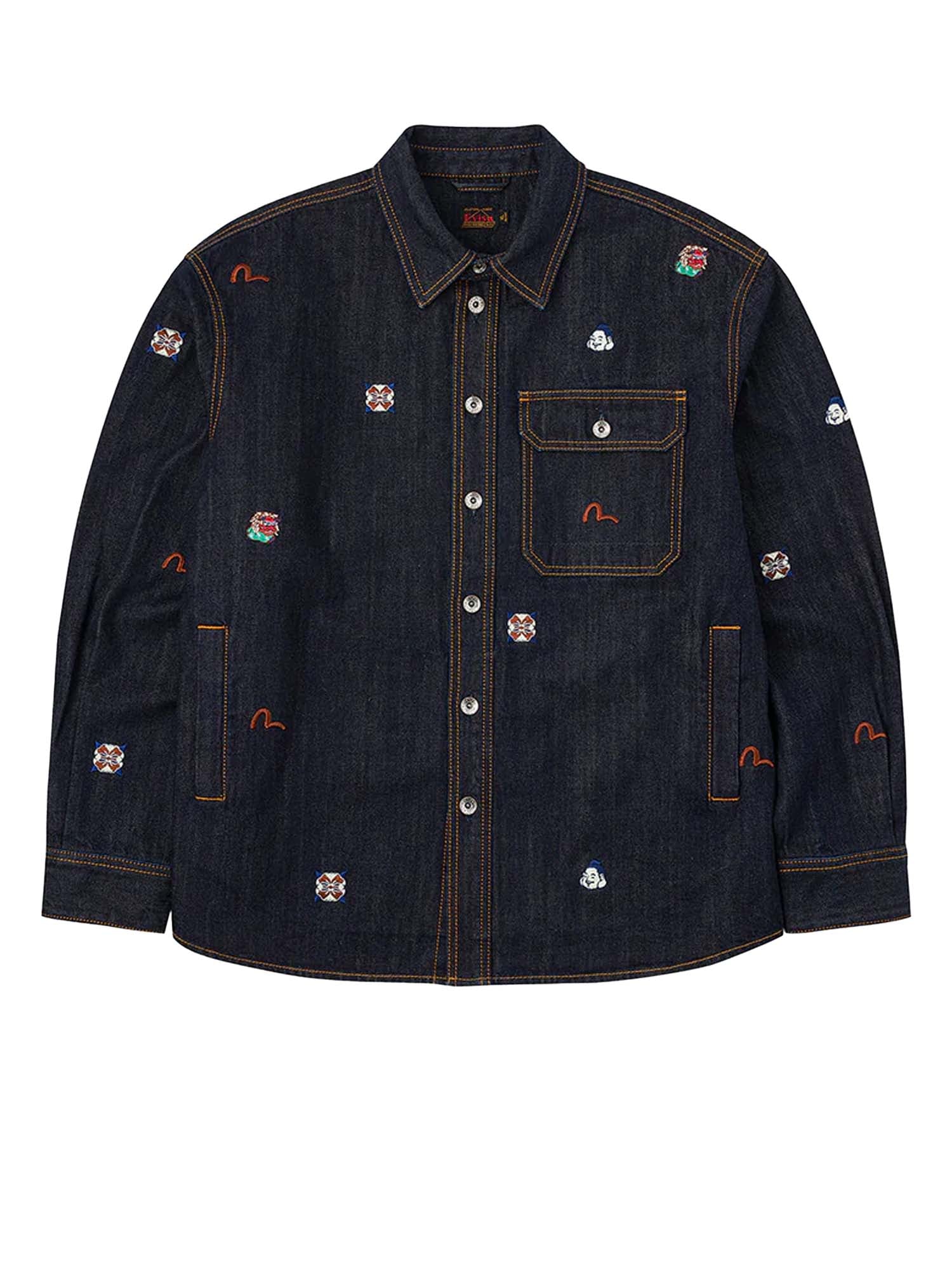 Evisu Shirt Jacket Allover Embroidery Regular Fit Denim Azzurro