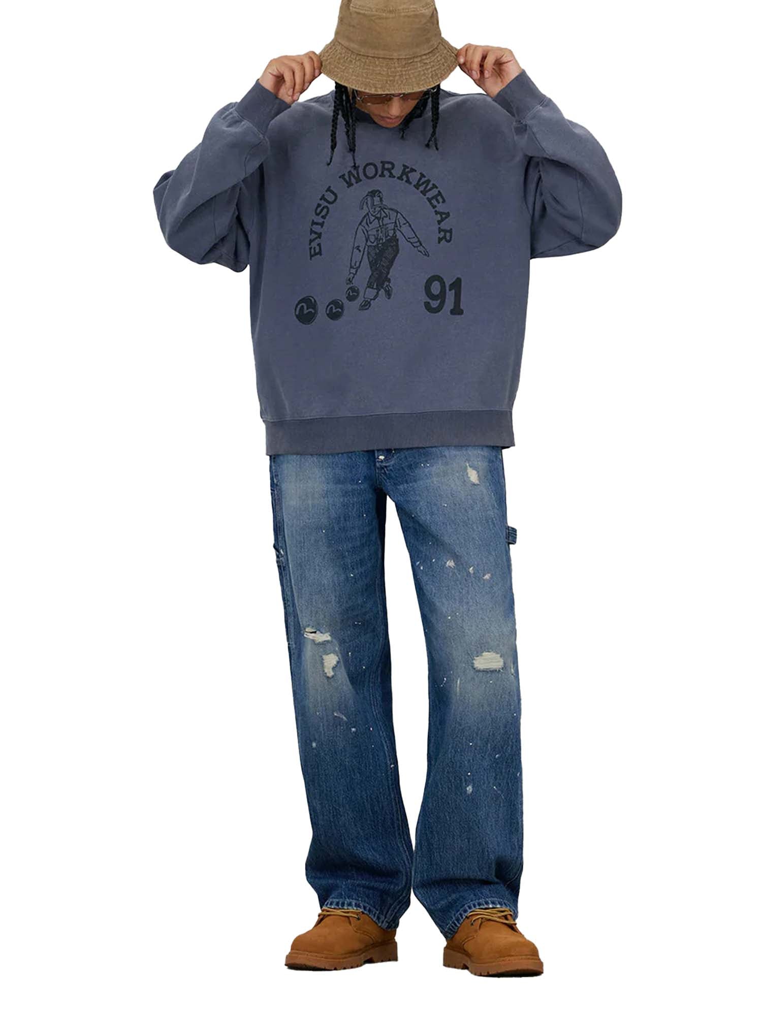 Evisu Jeans Washed and Distressed Daicock Print Relax Fit Azzurro