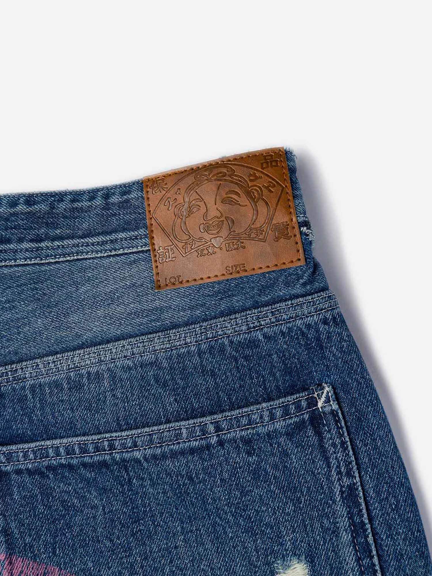 Evisu Jeans Washed and Distressed Daicock Print Relax Fit Azzurro