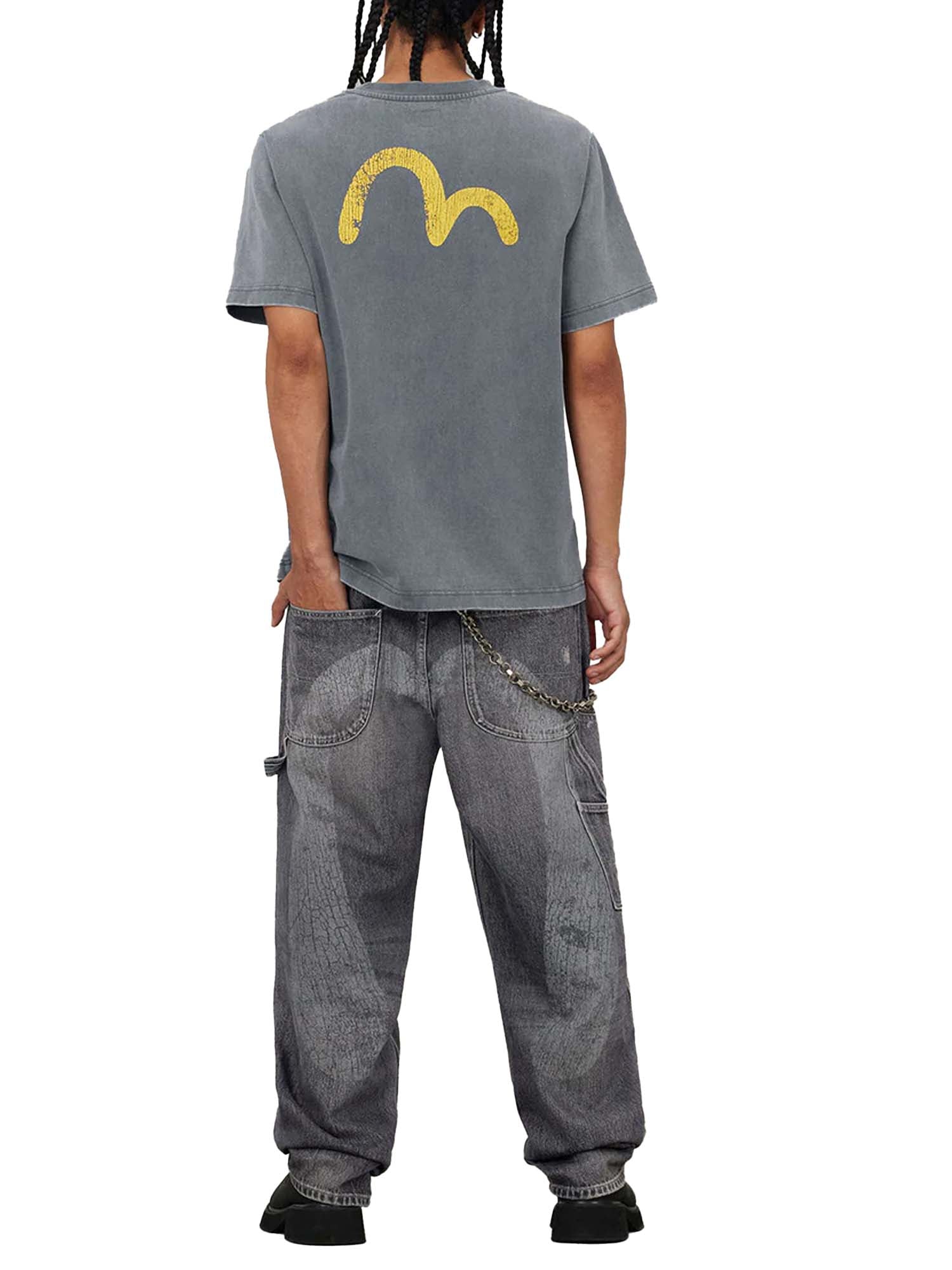 Evisu Jeans Washed and Distressed Daicock Print Relax Fit Grigio