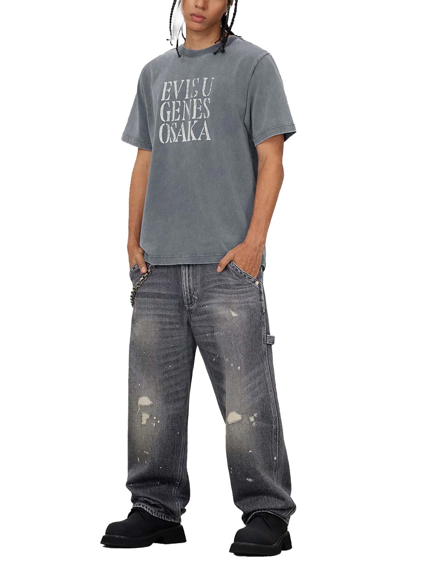 Evisu Jeans Washed and Distressed Daicock Print Relax Fit Grigio