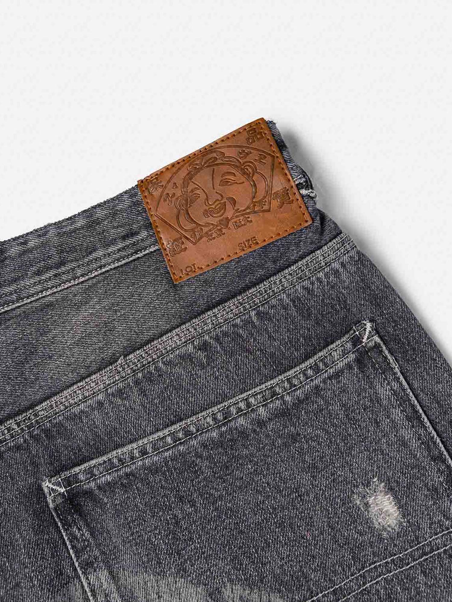 Evisu Jeans Washed and Distressed Daicock Print Relax Fit Grigio
