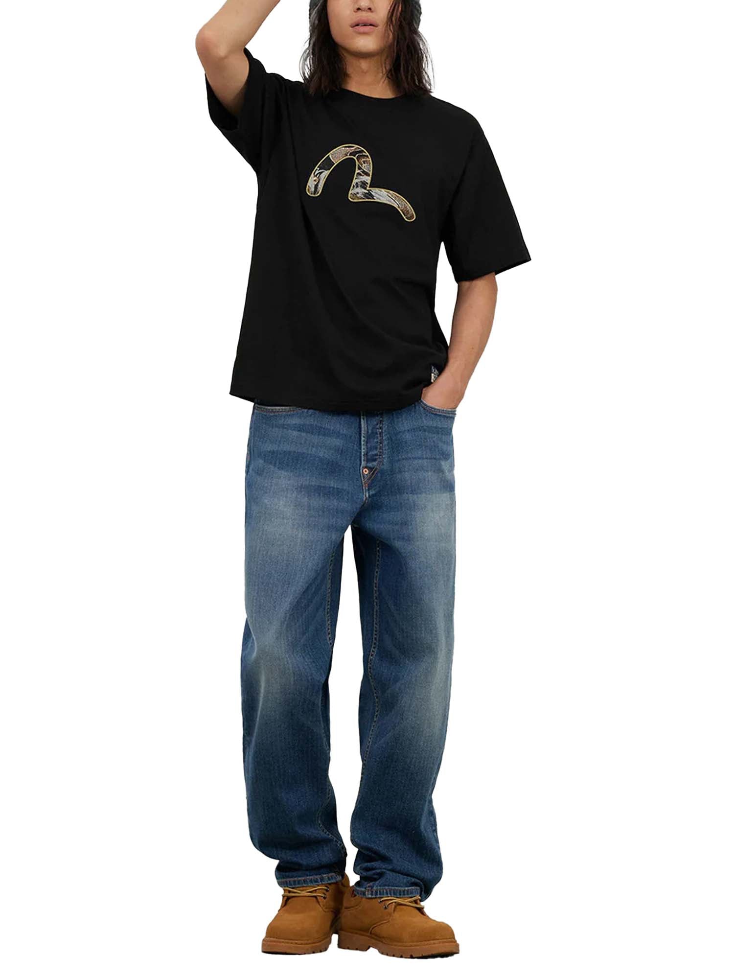 Evisu T-Shirt Brocade Seagull Appliqué Regular Fit Short Sleeves Nero