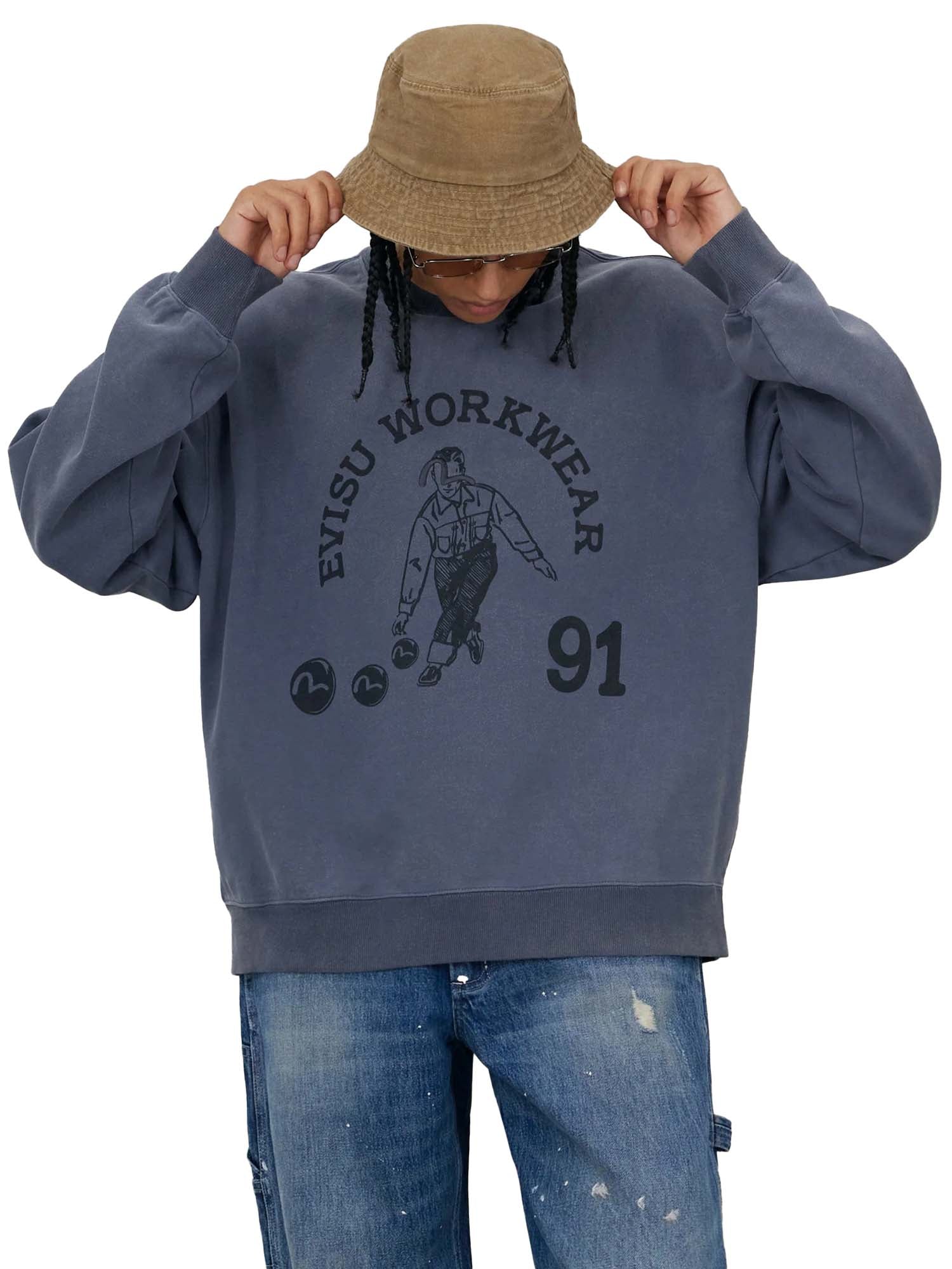 Evisu Felpa Bowling Workwear Print Relax Fit Blu