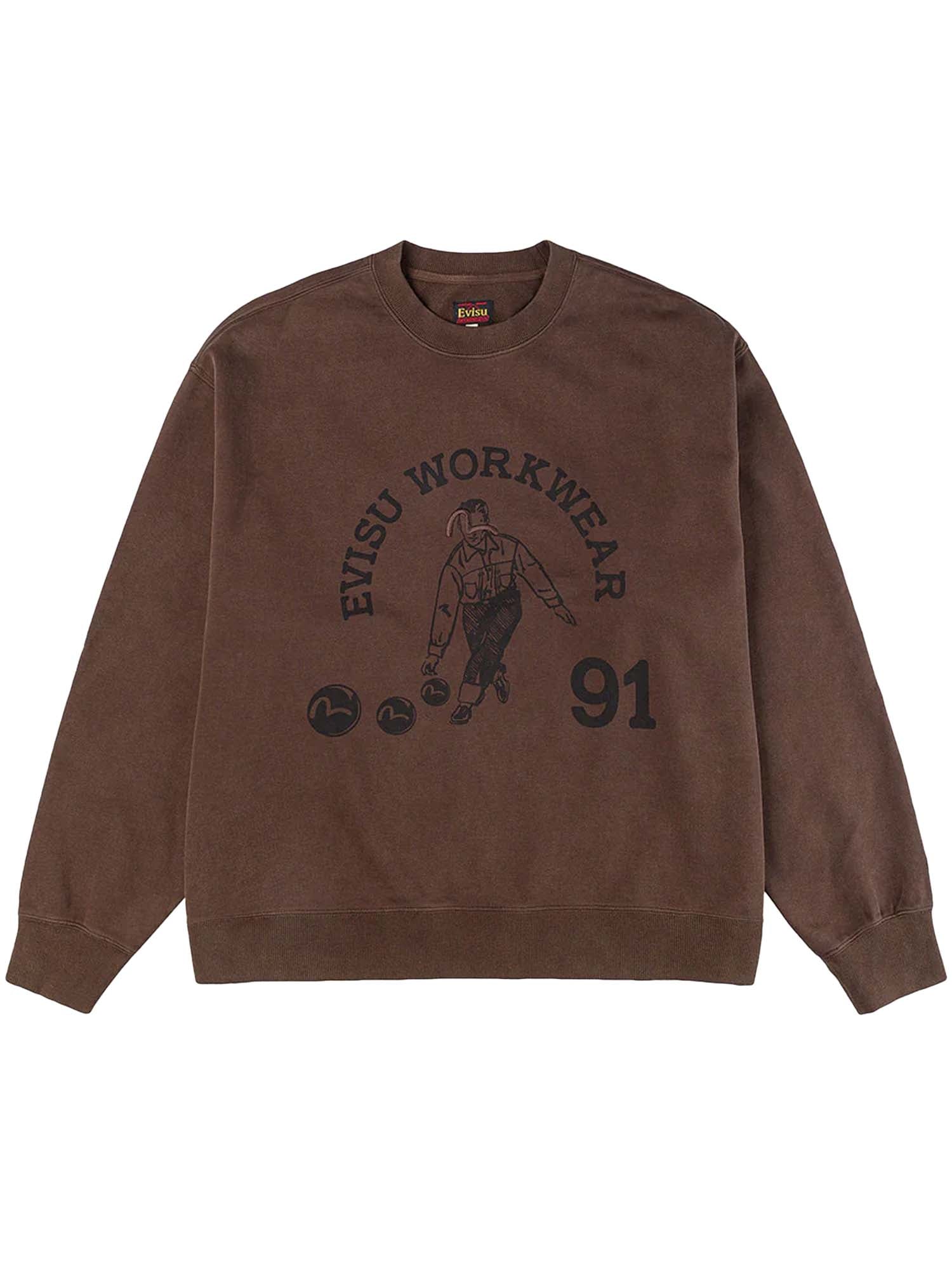 Evisu Felpa Bowling Workwear Print Relax Fit Marrone
