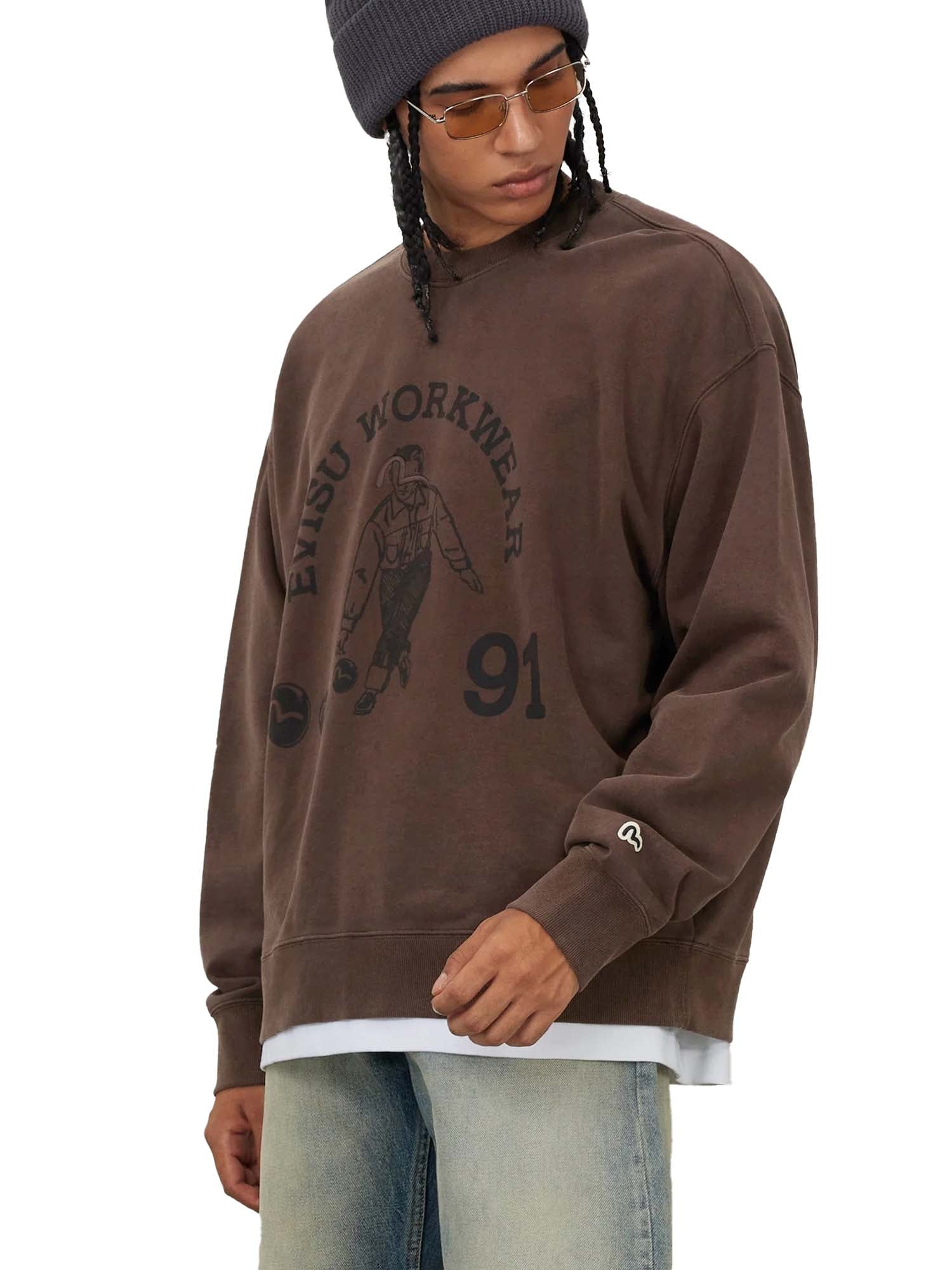 Evisu Felpa Bowling Workwear Print Relax Fit Marrone