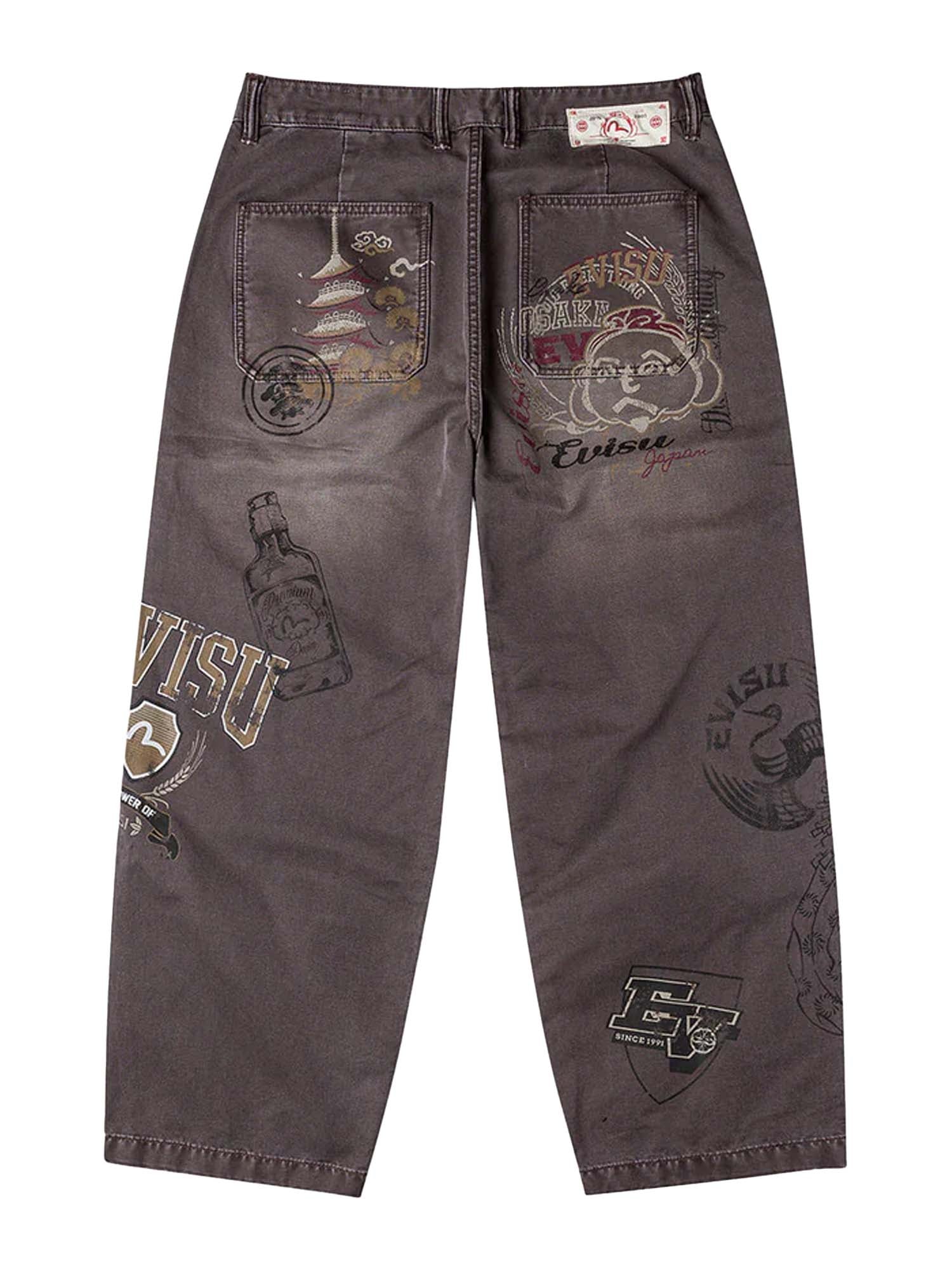 Evisu Pantaloni Multi Logos Print Balloon Fit Washed Woven Marrone