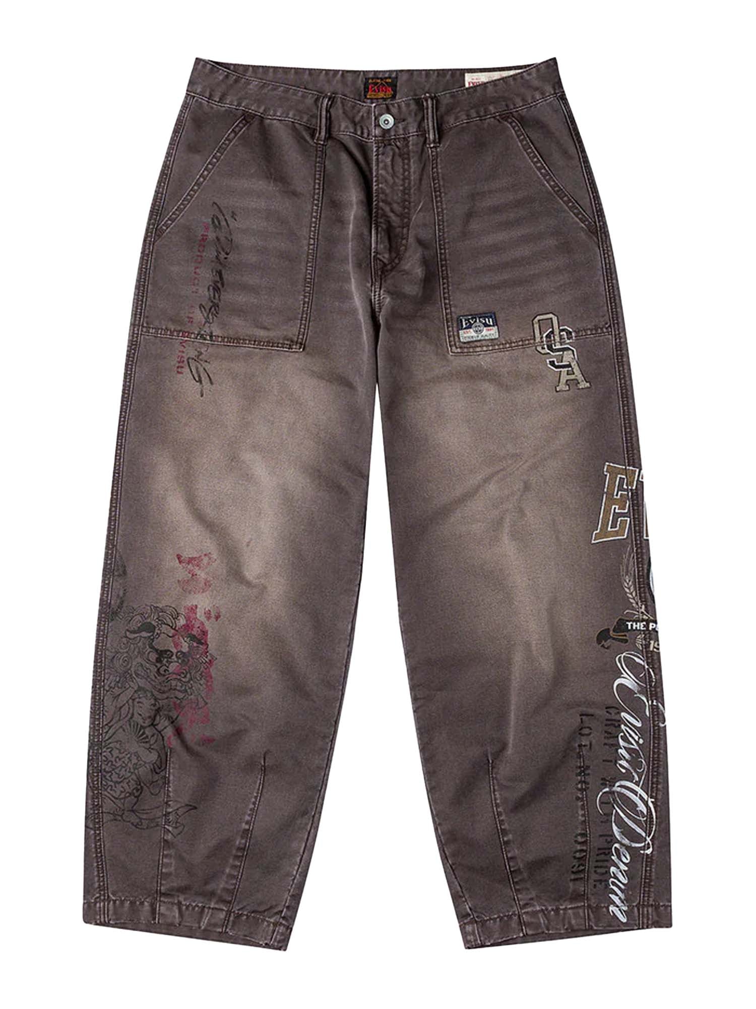 Evisu Pantaloni Multi Logos Print Balloon Fit Washed Woven Marrone