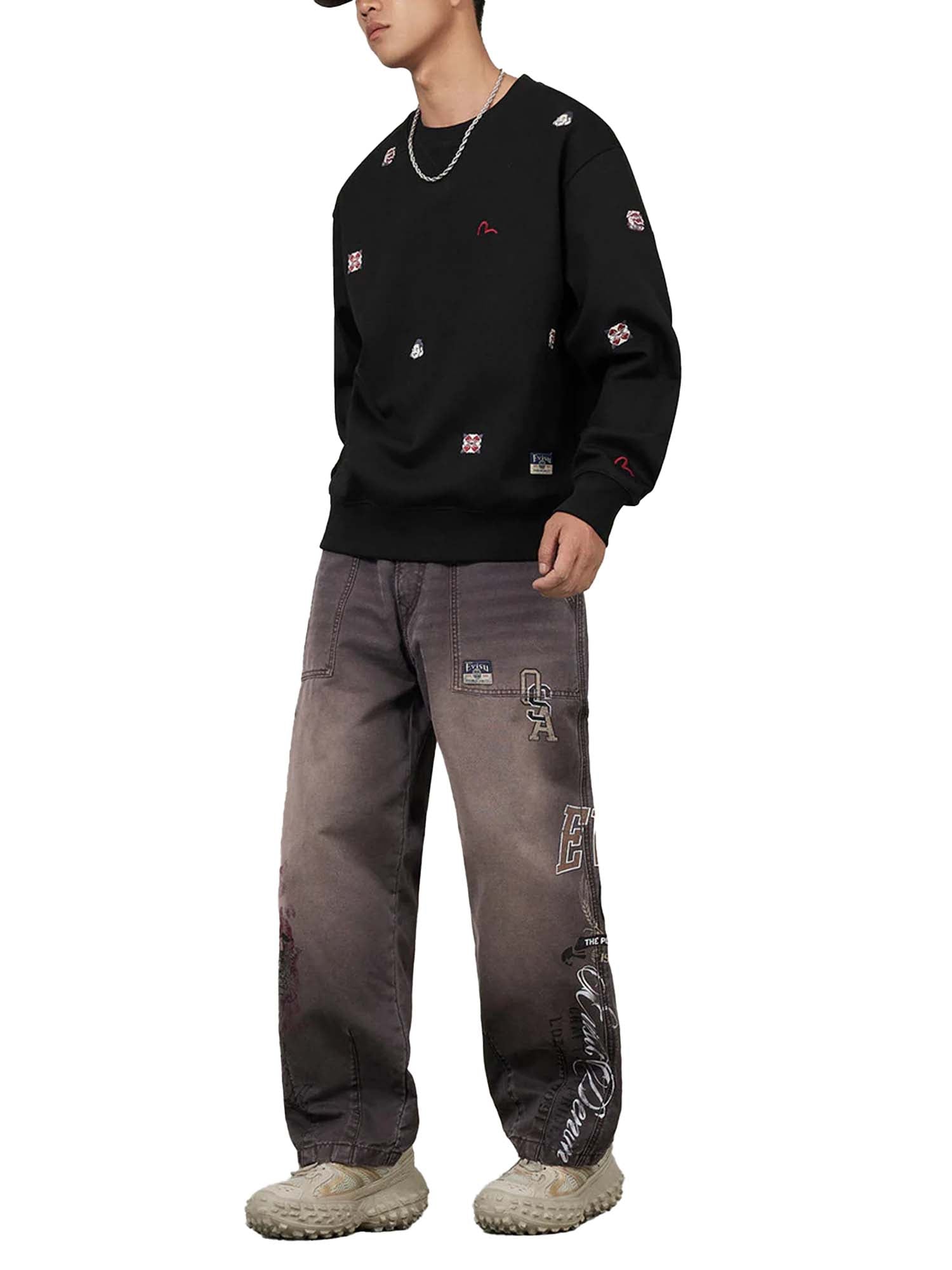 Evisu Pantaloni Multi Logos Print Balloon Fit Washed Woven Marrone