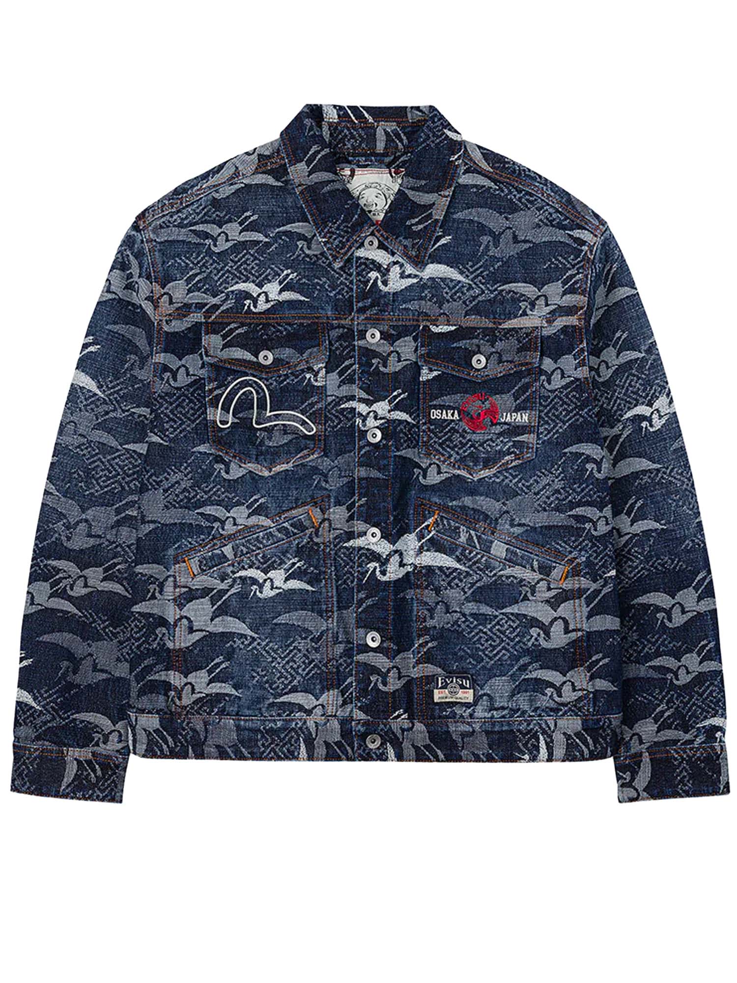 Evisu Giacca Allover Seagull Cranes Jacquard Loose Fit Denim Azzurro