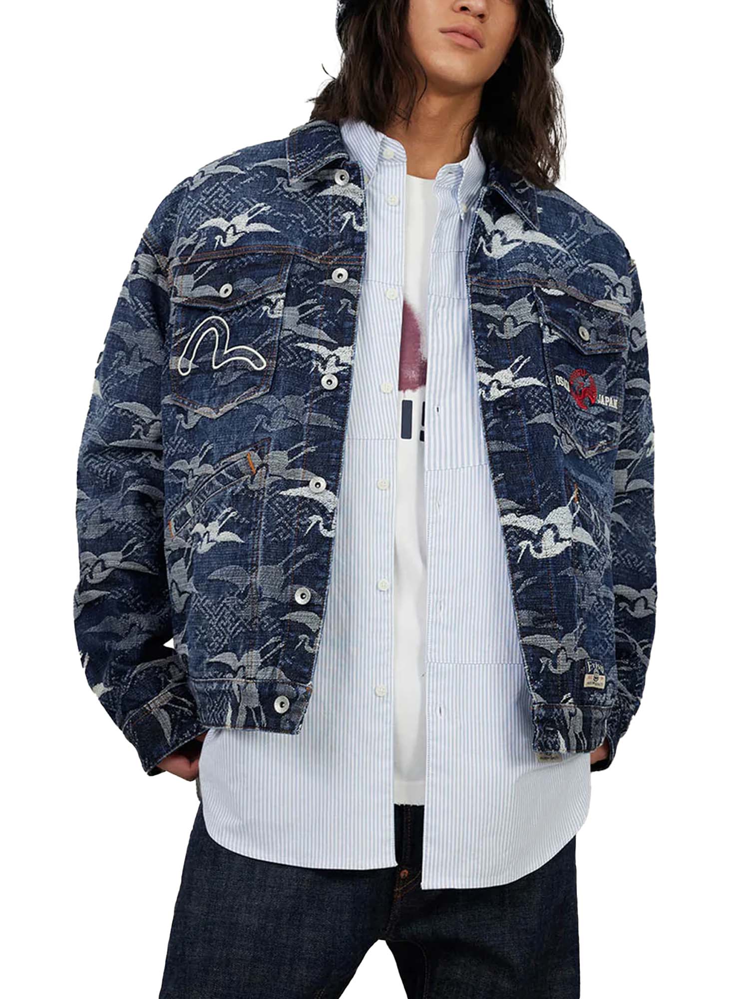 Evisu Giacca Allover Seagull Cranes Jacquard Loose Fit Denim Azzurro