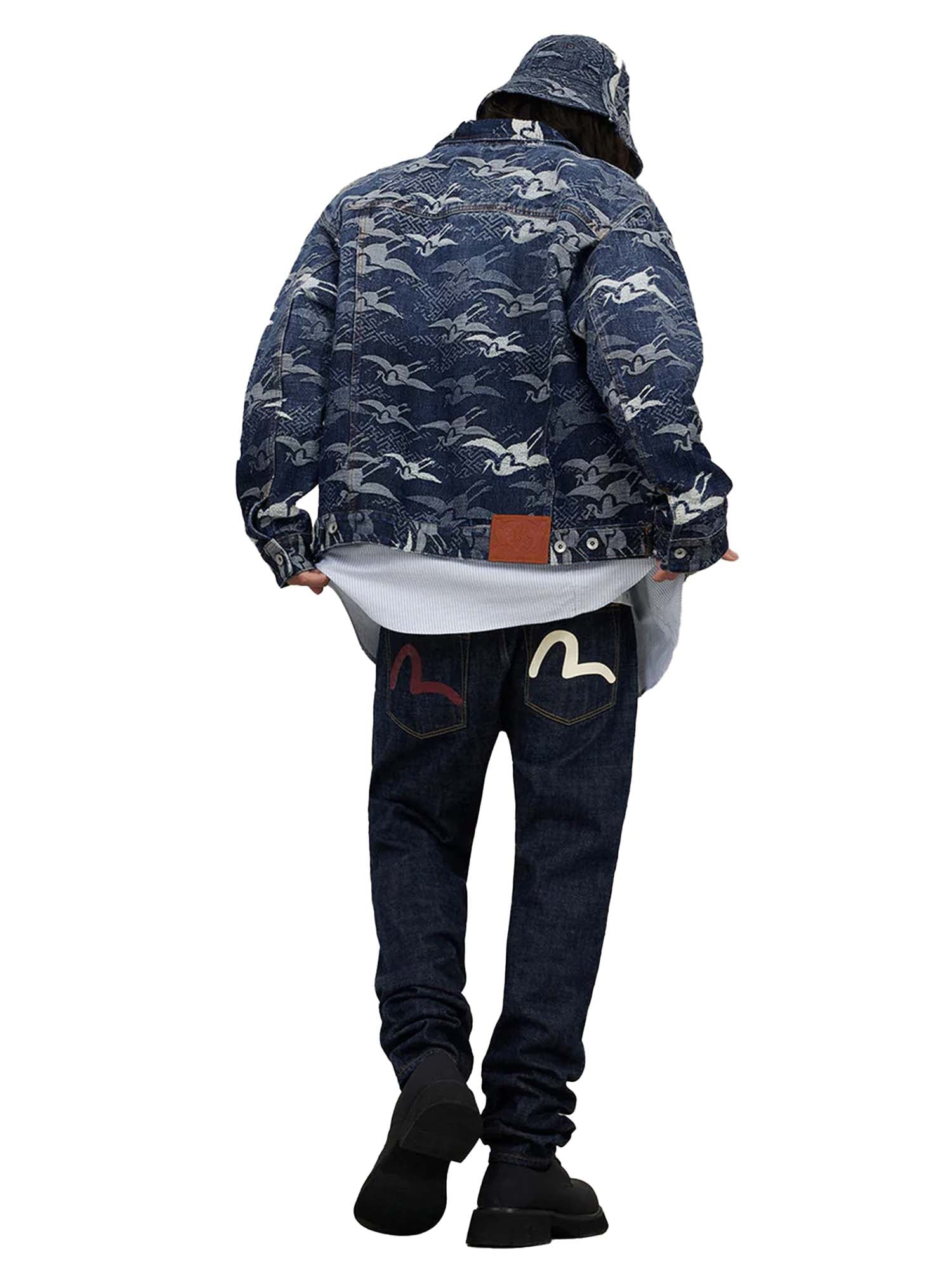 Evisu Giacca Allover Seagull Cranes Jacquard Loose Fit Denim Azzurro