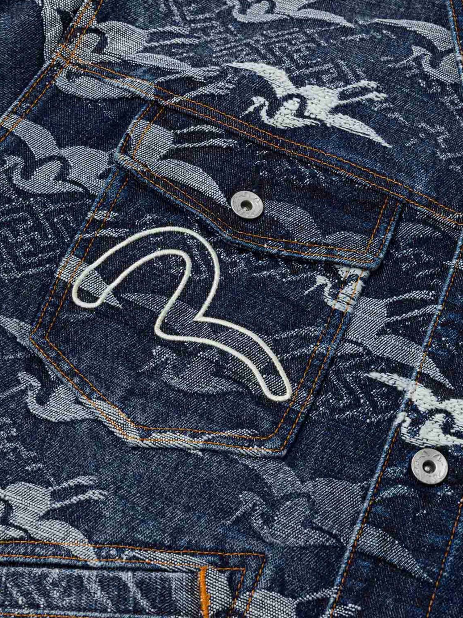 Evisu Giacca Allover Seagull Cranes Jacquard Loose Fit Denim Azzurro