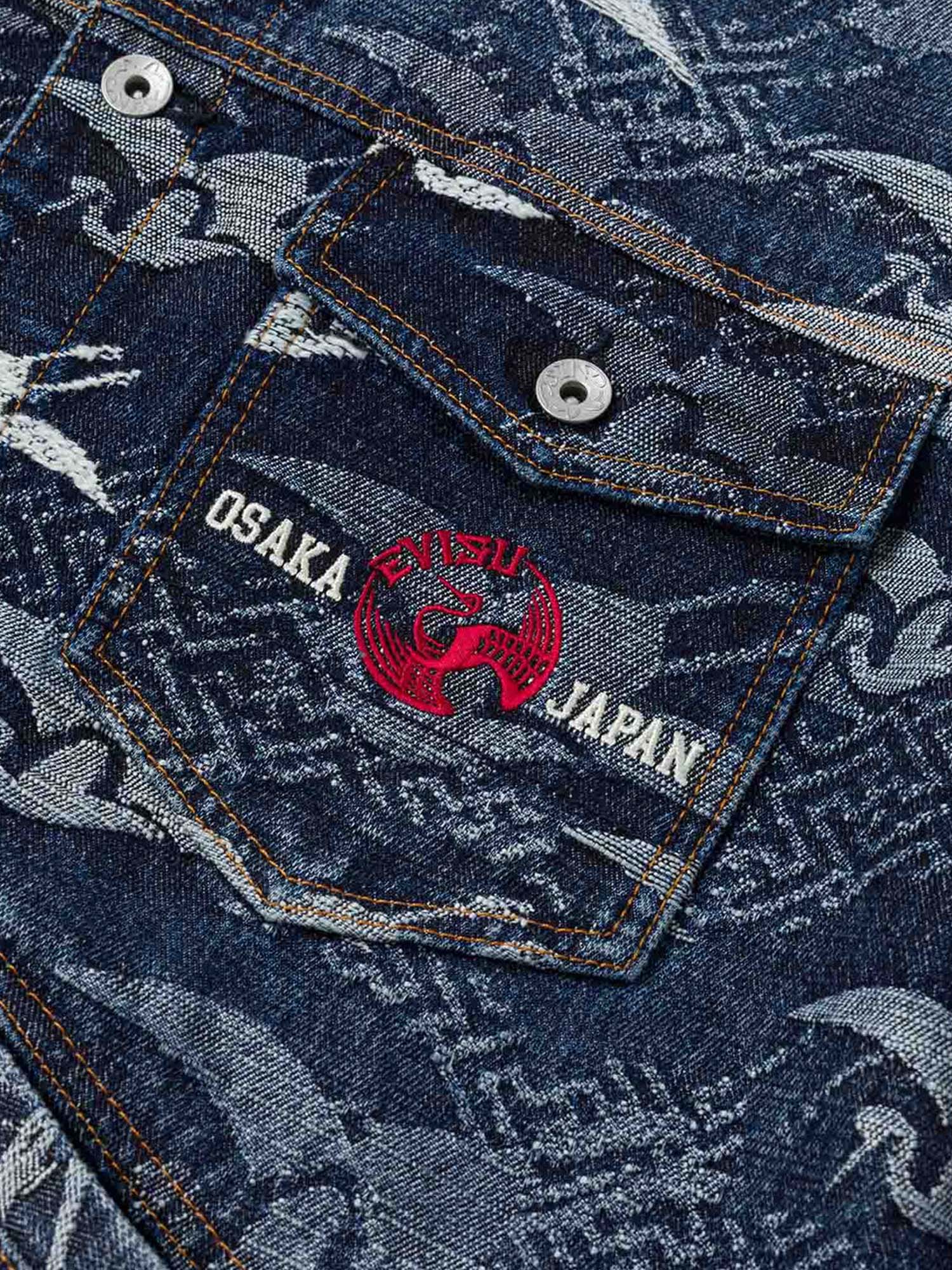 Evisu Giacca Allover Seagull Cranes Jacquard Loose Fit Denim Azzurro