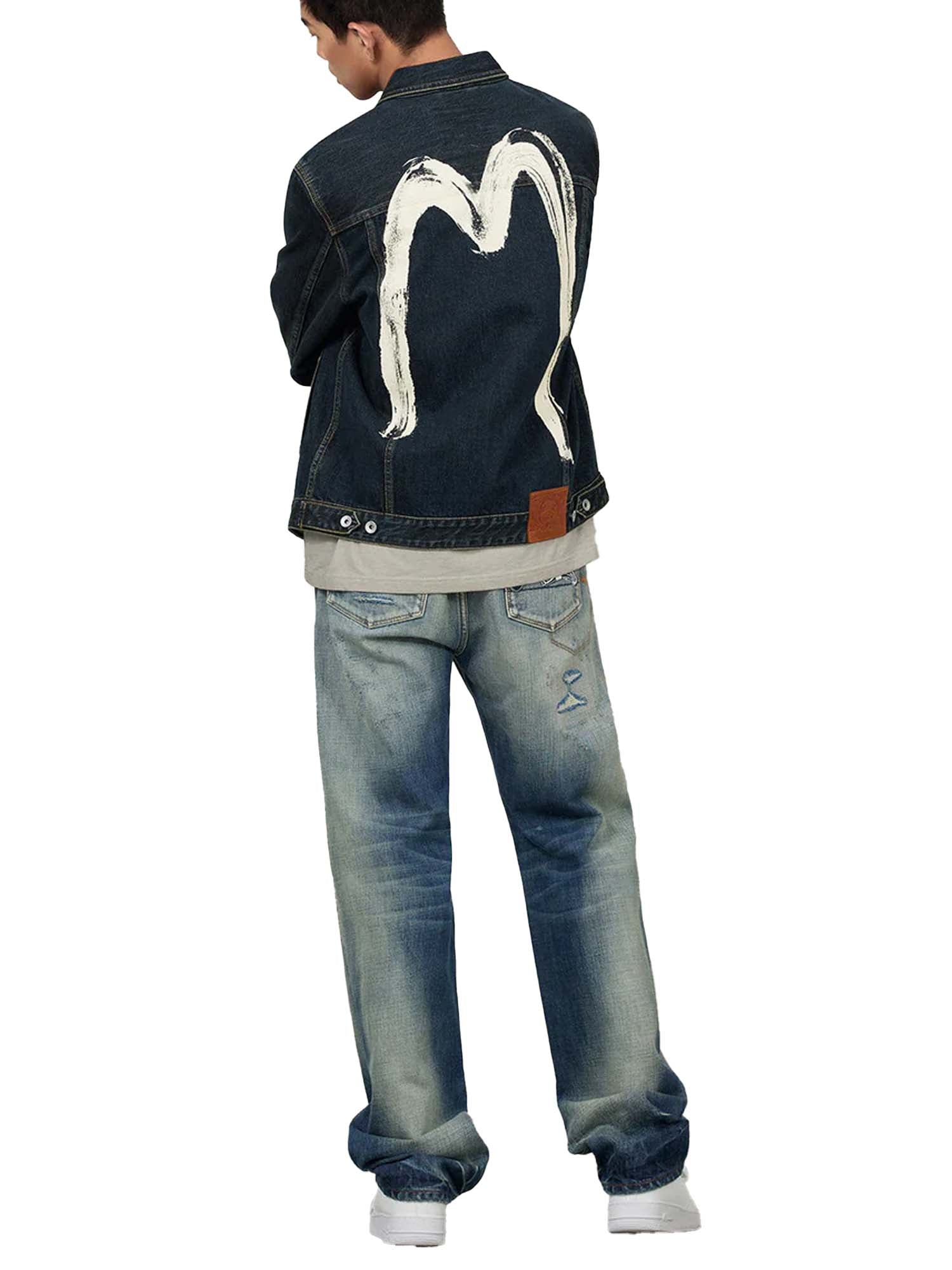 Evisu Giacca Washed Brushstroke Daicock Print Regular Fit Denim Azzurro