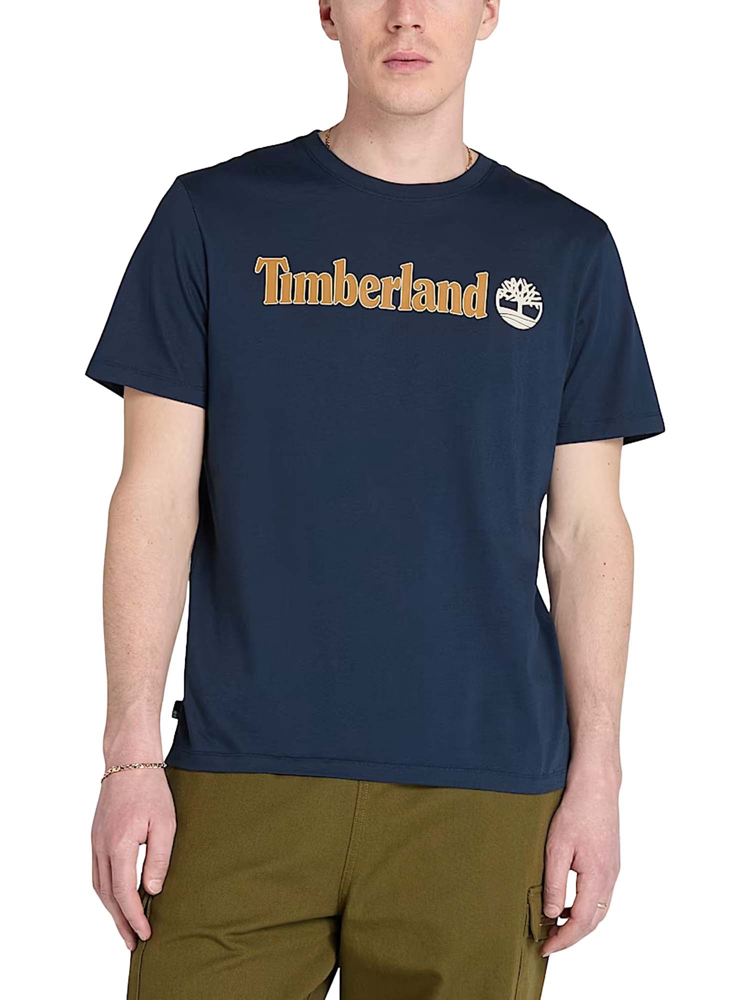 Timberland T-shirt a Maniche Corte con Logo Lineare Kennebec River Blu