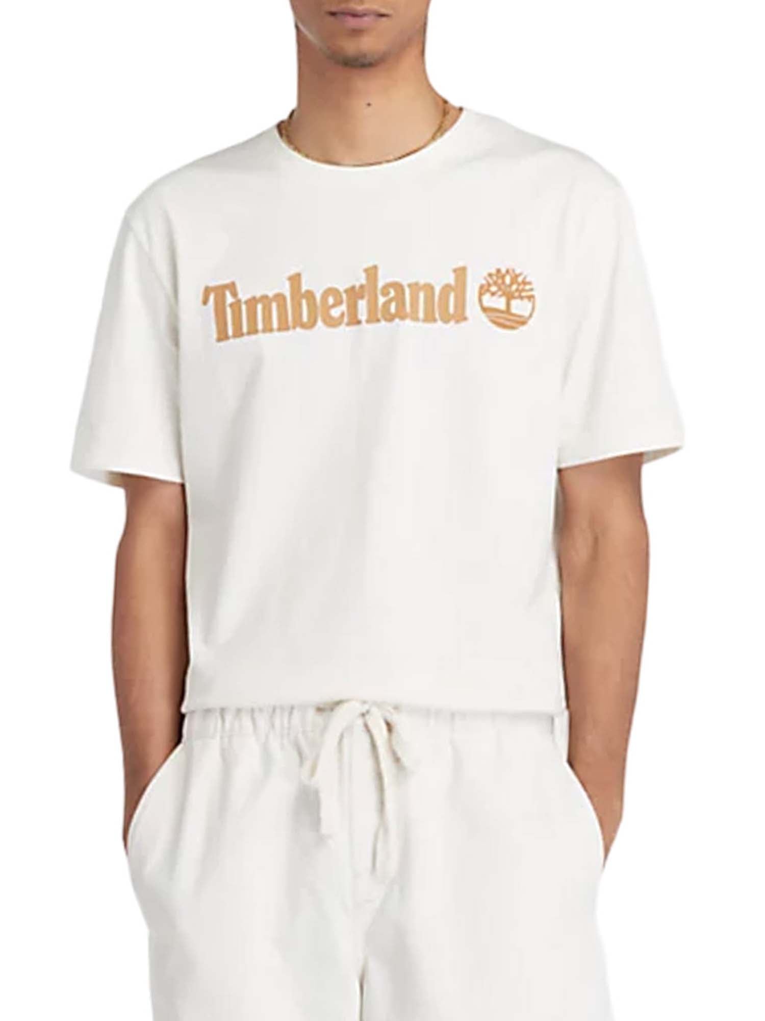 Timberland T-shirt a Maniche Corte con Logo Lineare Kennebec River Bianco