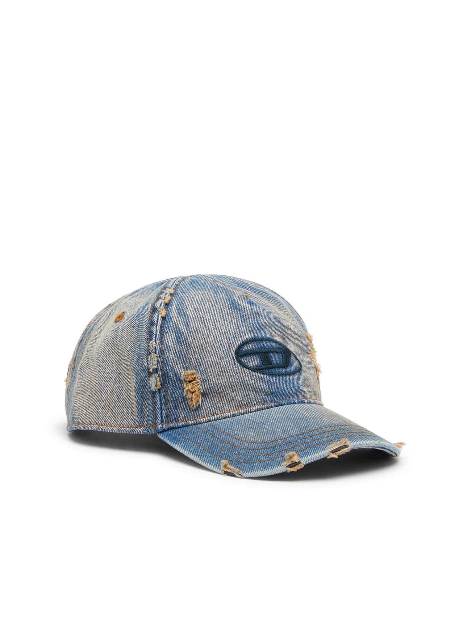 Diesel Cappellino in denim con dettagli sfrangiati e logo ricamato Blu