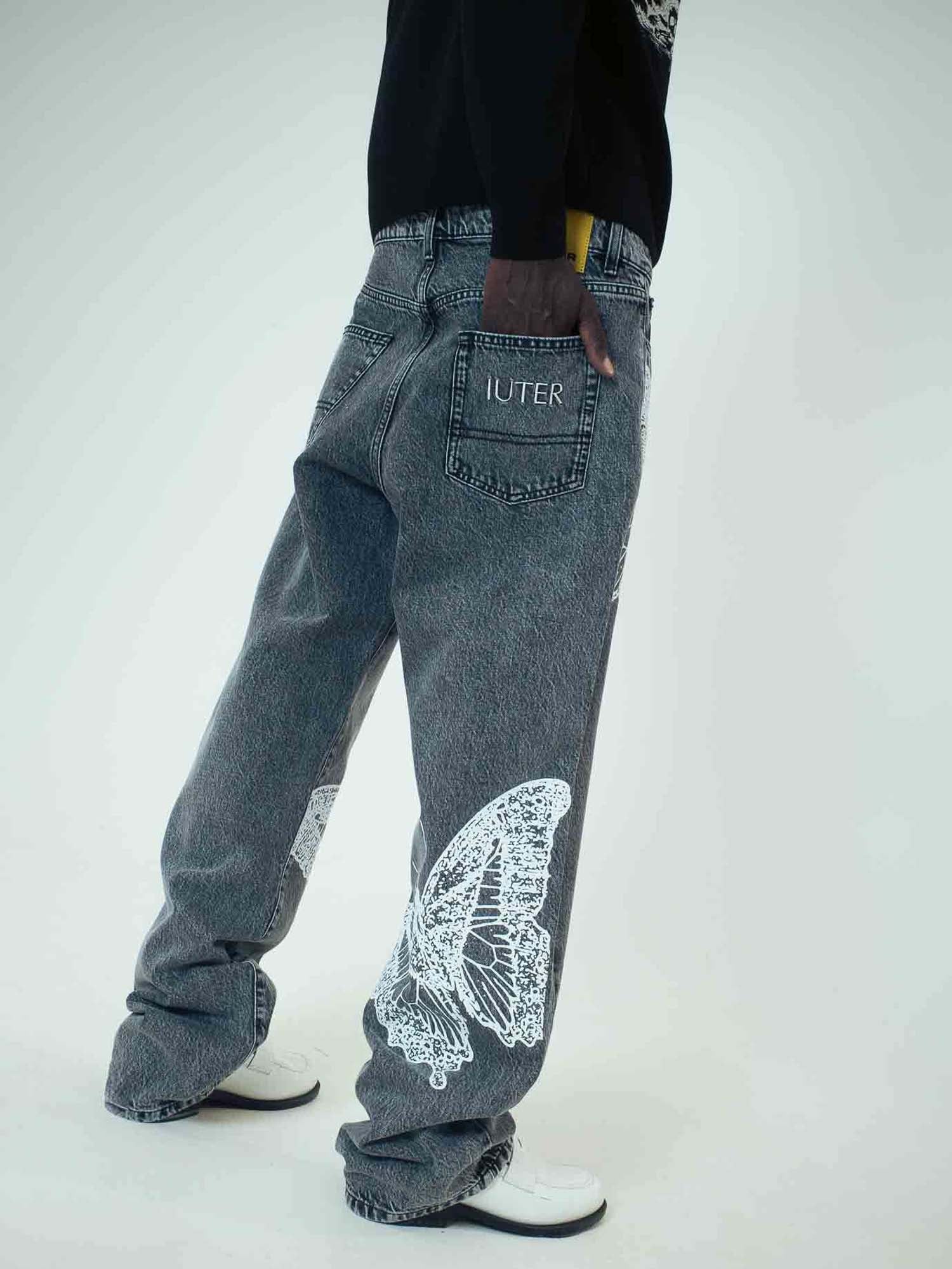 Iuter Butterfly Loose Denim Pants Grigio
