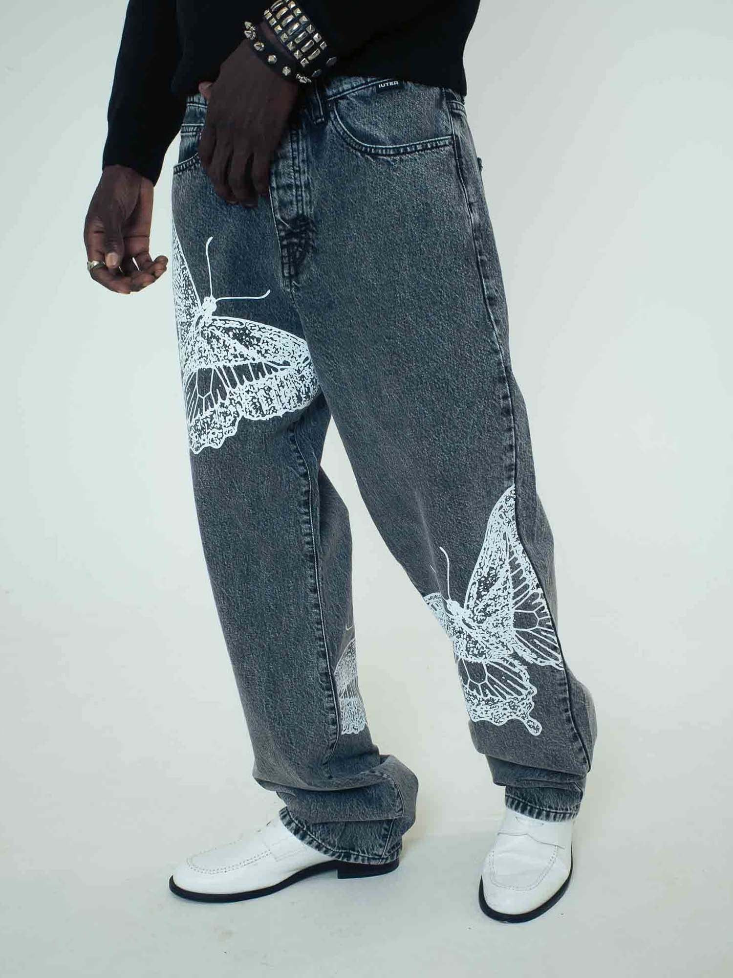Iuter Butterfly Loose Denim Pants Grigio