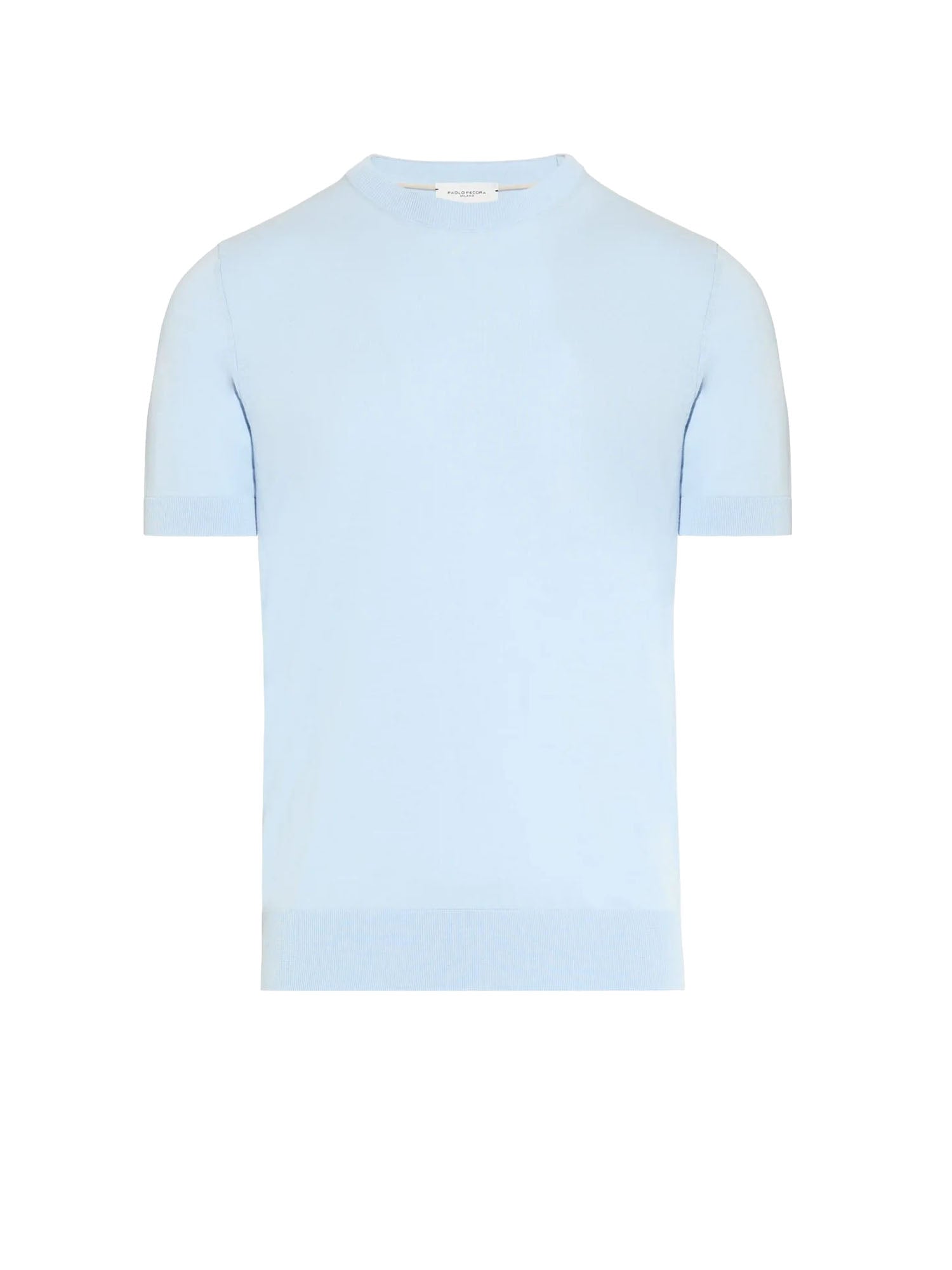 Paolo Pecora Maglia Girocollo a Maniche Corte in Seta Cotone Azzurro