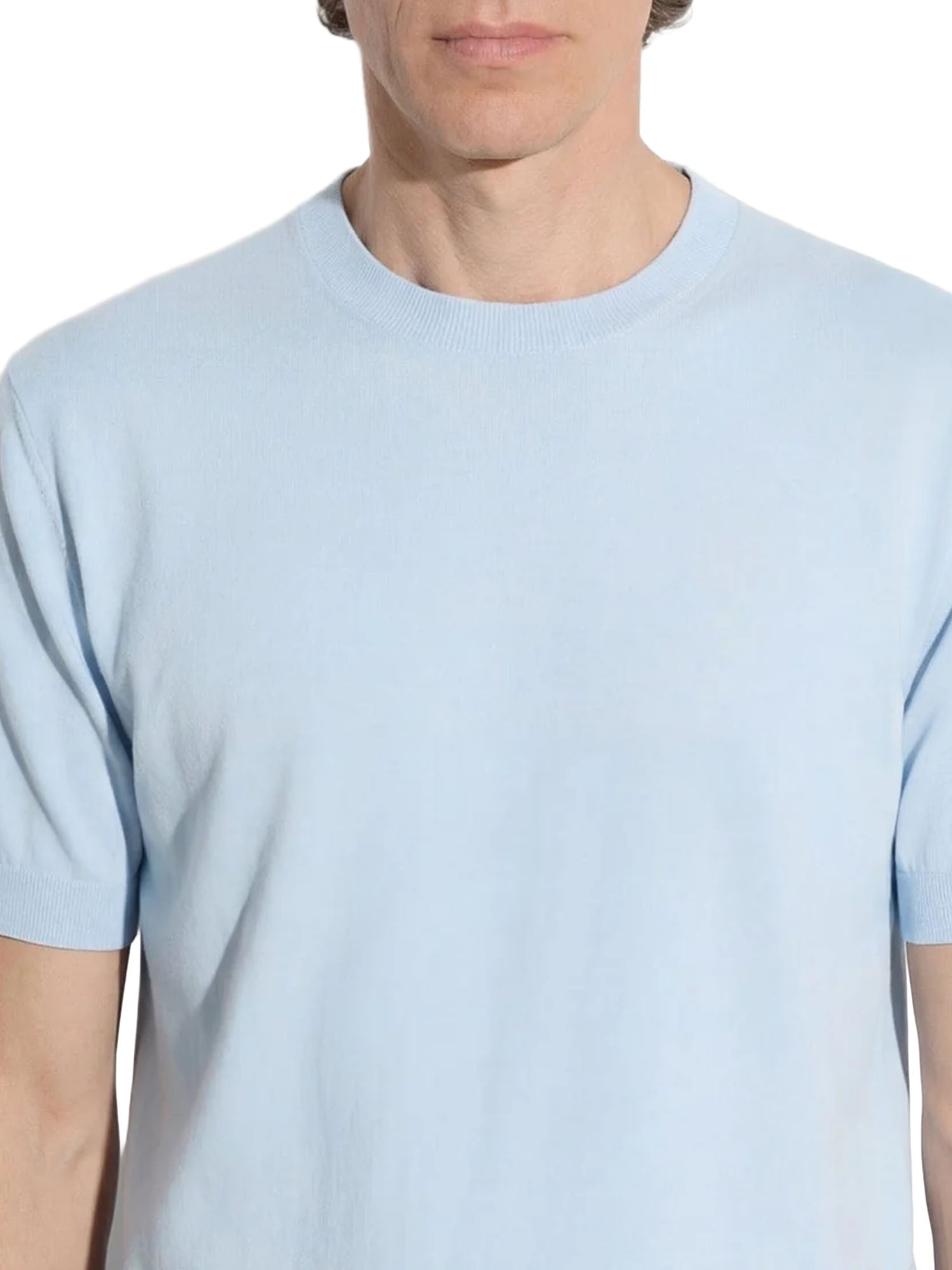 Paolo Pecora Maglia Girocollo a Maniche Corte in Seta Cotone Azzurro