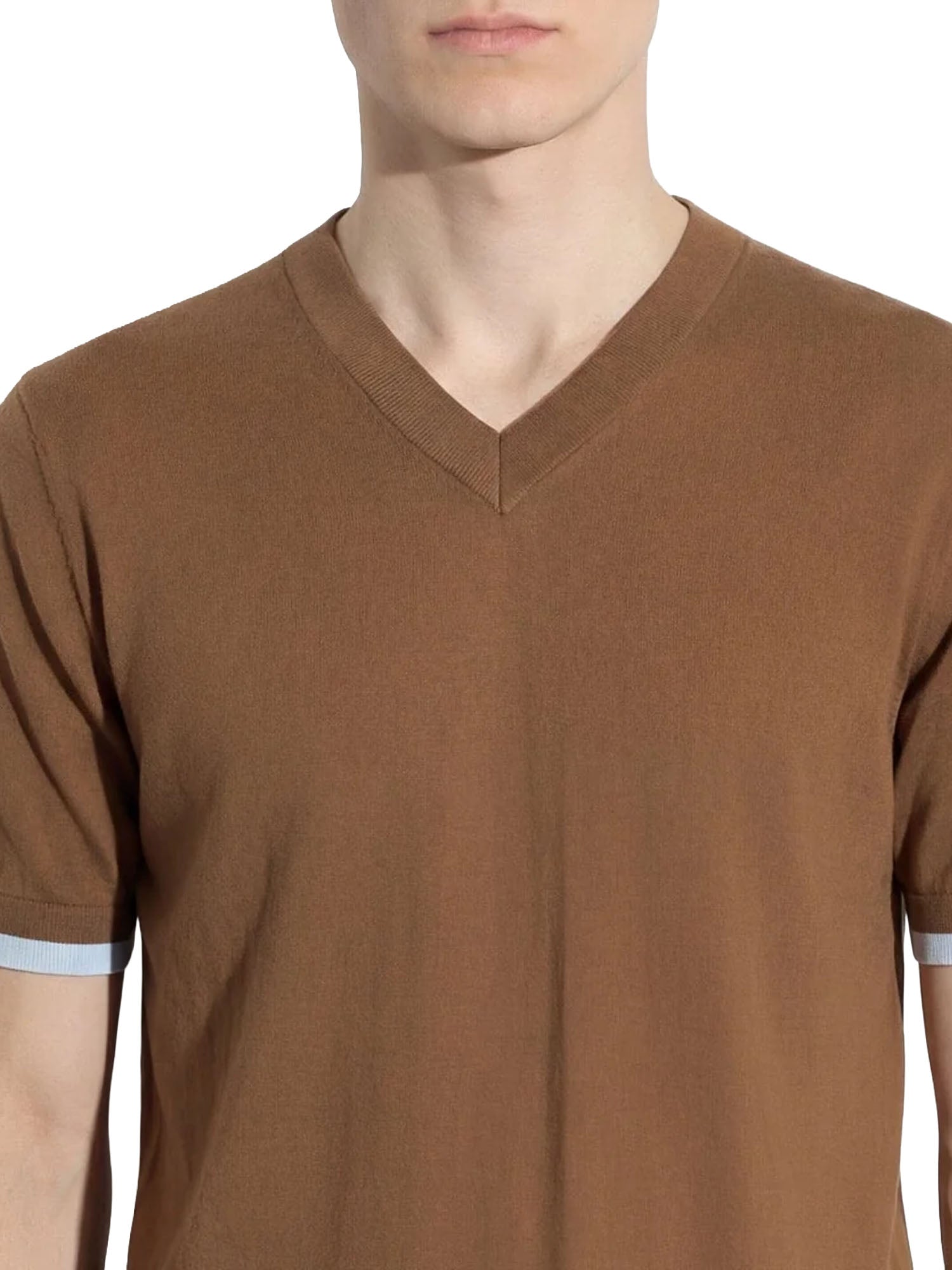 Paolo Pecora Maglia V-Neck in Cotone con Doppi Bordi Marrone