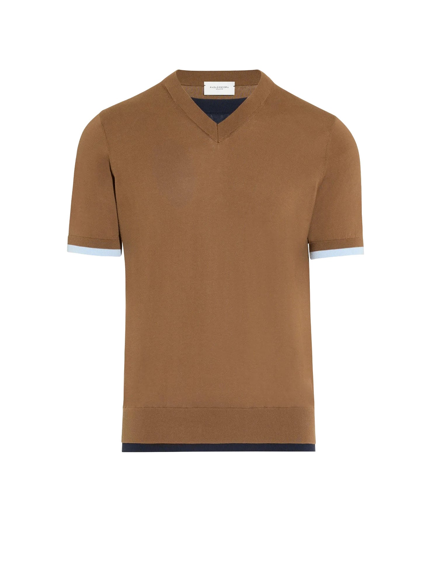 Paolo Pecora Maglia V-Neck in Cotone con Doppi Bordi Marrone