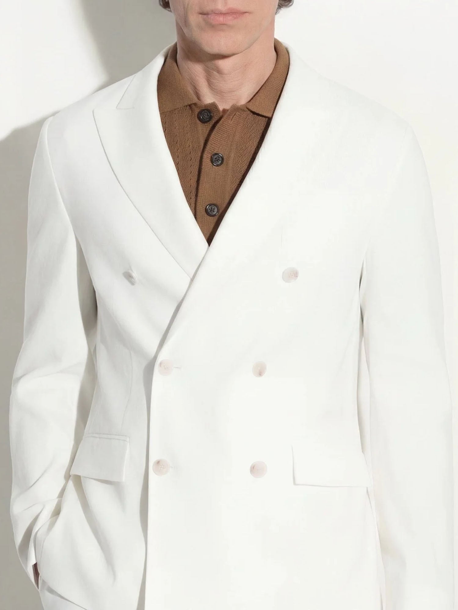 Paolo Pecora Giacca Doppiopetto in Lino Stretch Panna Bianco