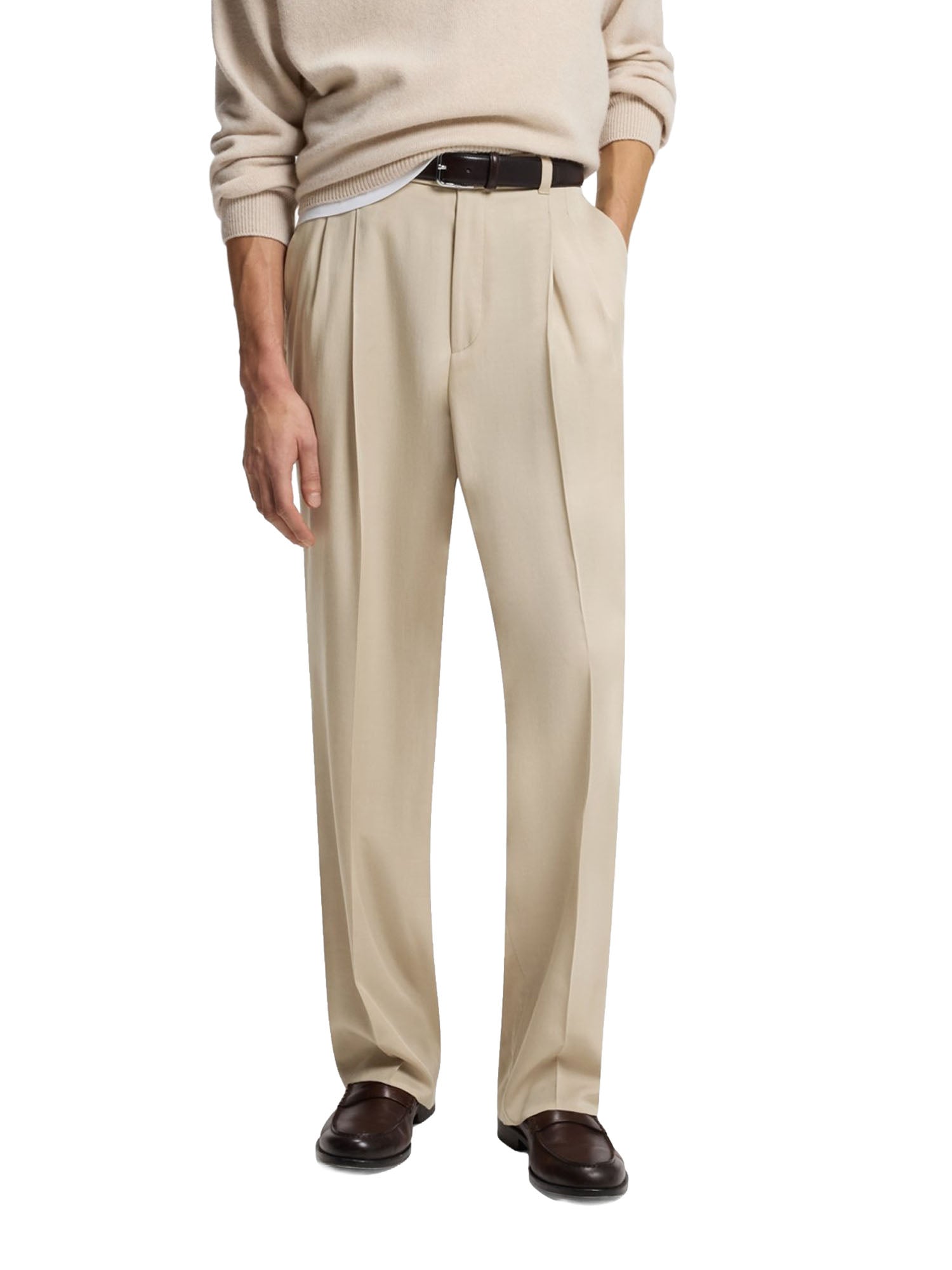 Boss Pantaloni Oversized fit in Cotone Elasticizzato con Doppie Pieghe Beige