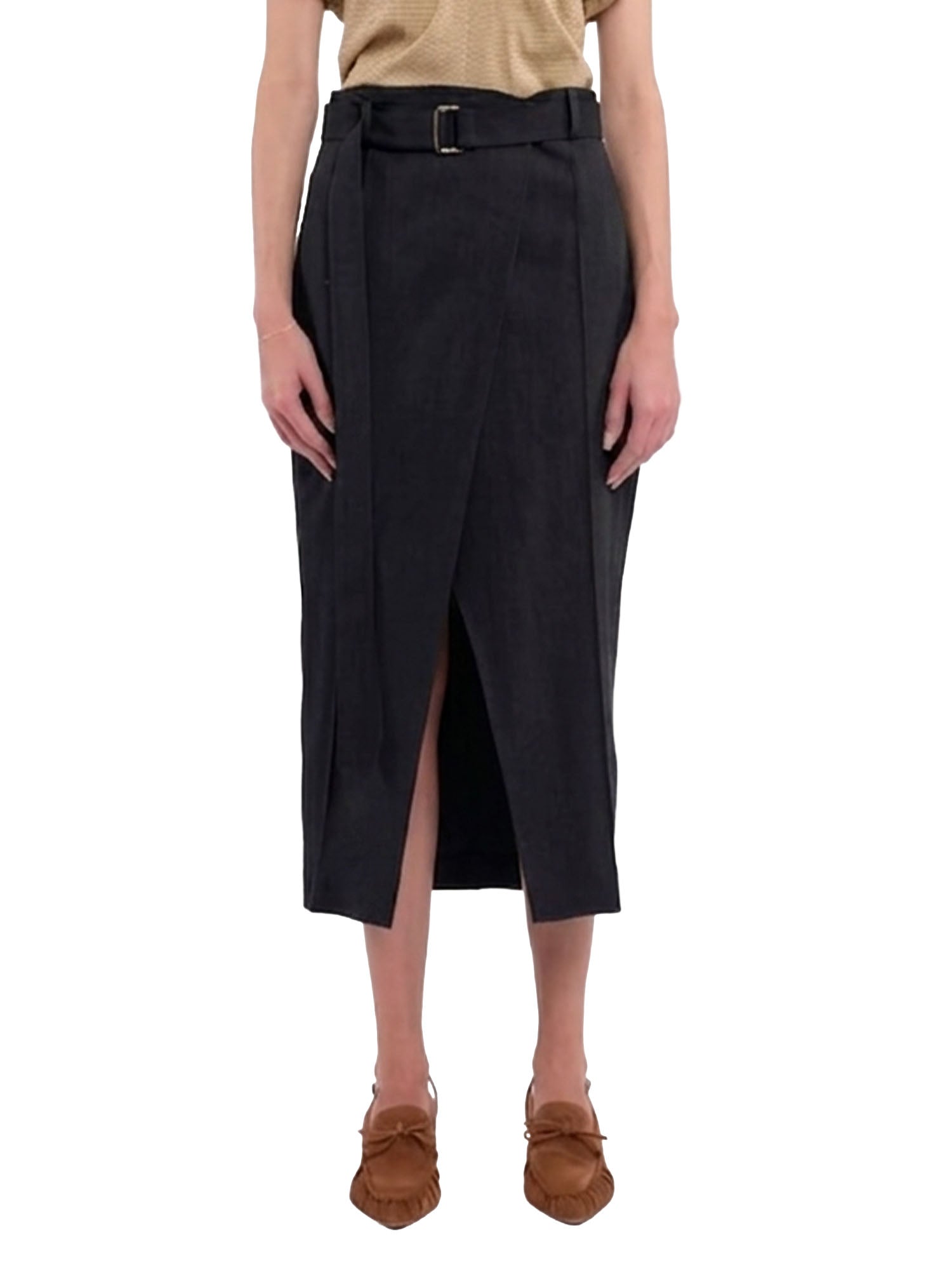 Tela9 Gonna midi in lino viscosa con spacco frontale Nero