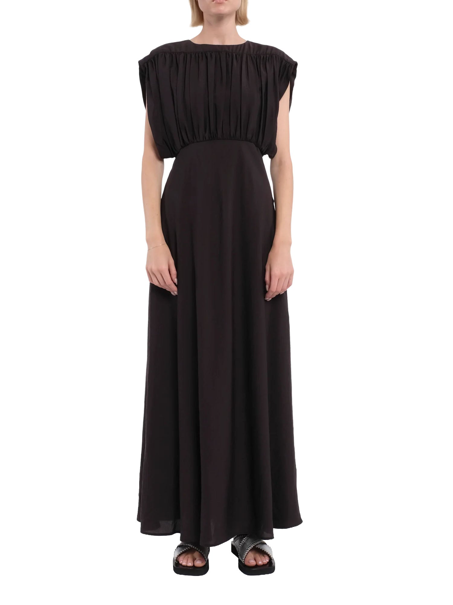 Tela9 Vestito Maxi Senza Maniche in Tencel con Bustino Arricciato Marrone