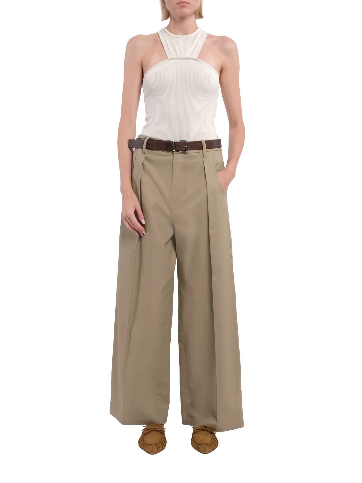 Tela9 Top Senza Maniche in Jersey di Cotone a Coste con Scollo all’Americana Bianco