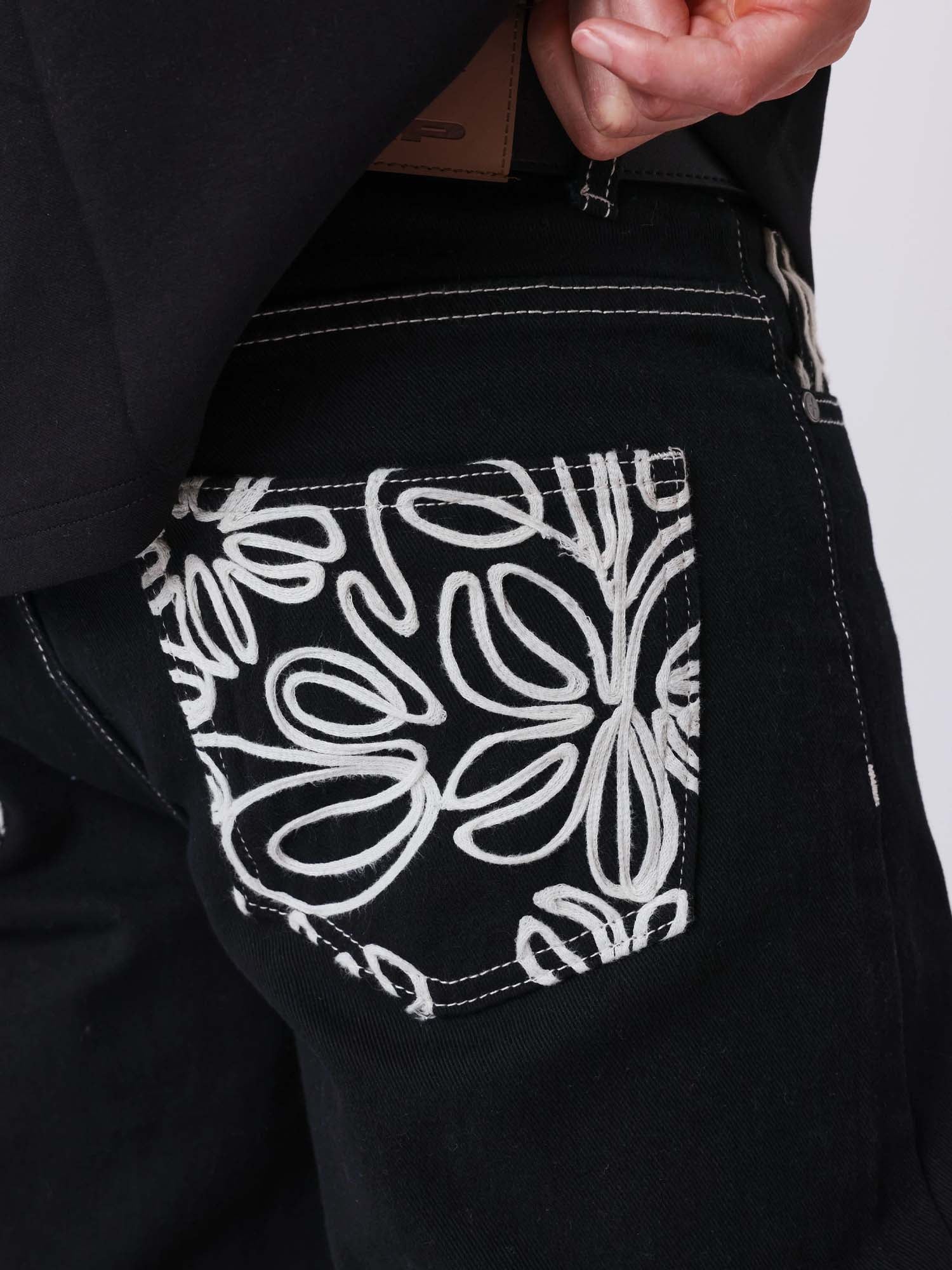 Project X Paris Jean brodé florales stitch Nero