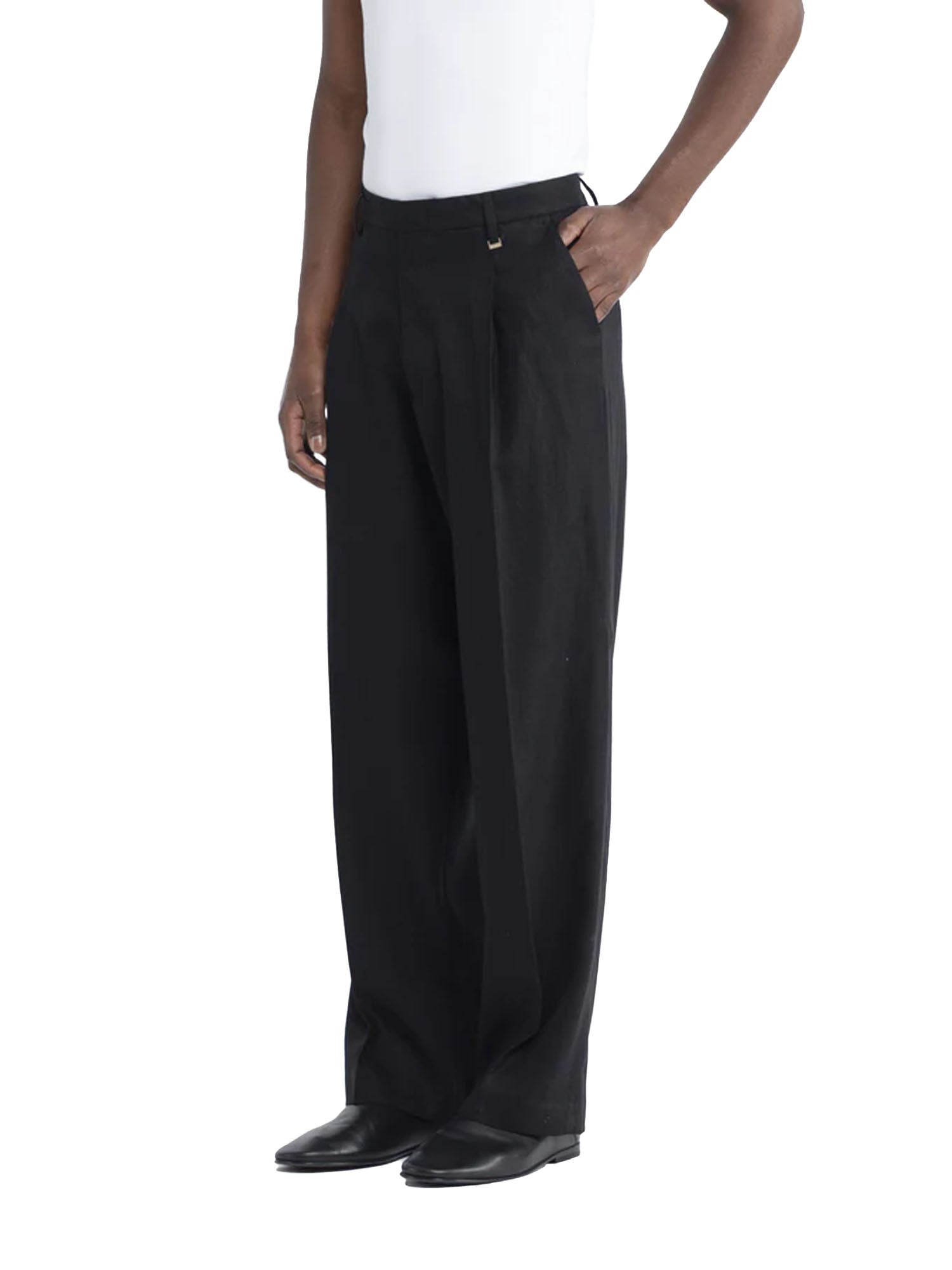 I'm Brian Pantalone gamba ampia in lino Nero