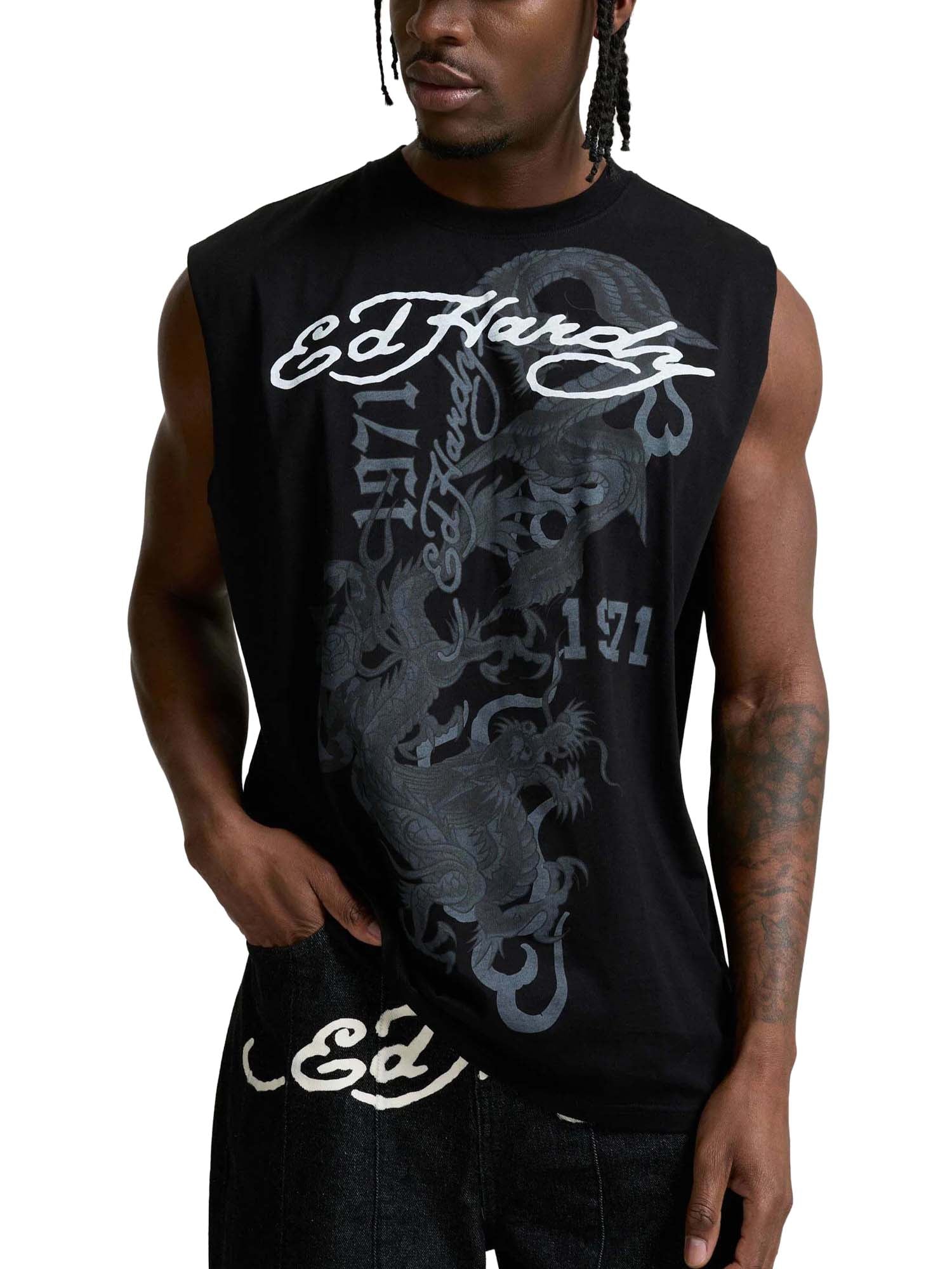 Ed Hardy Flying Dragon Graphic Sleeveless T-Shirt Nero