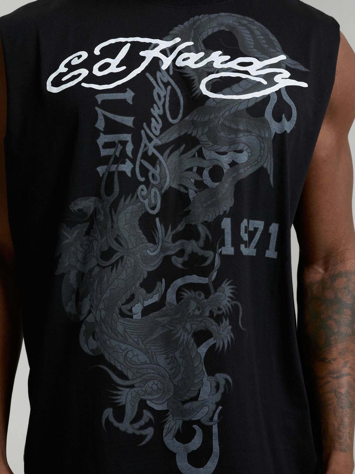 Ed Hardy Flying Dragon Graphic Sleeveless T-Shirt Nero